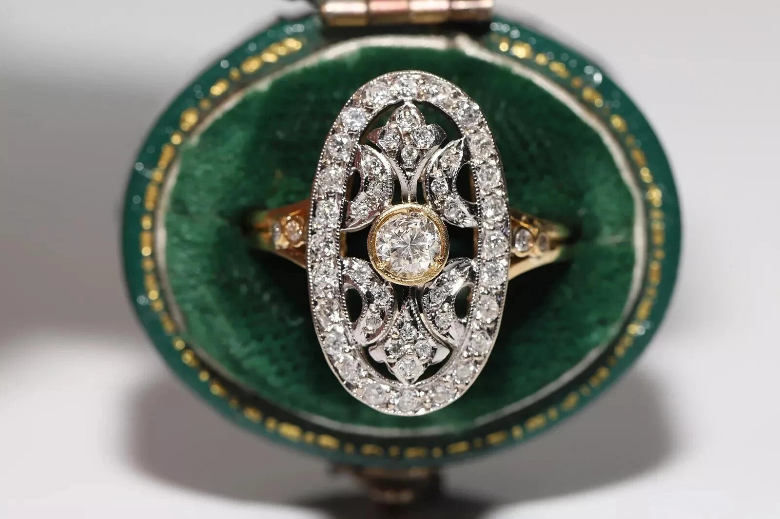 Vintage Art Deco Lab Created Diamond Ring Oval Filigree 14K Two-Tone Gold Finish