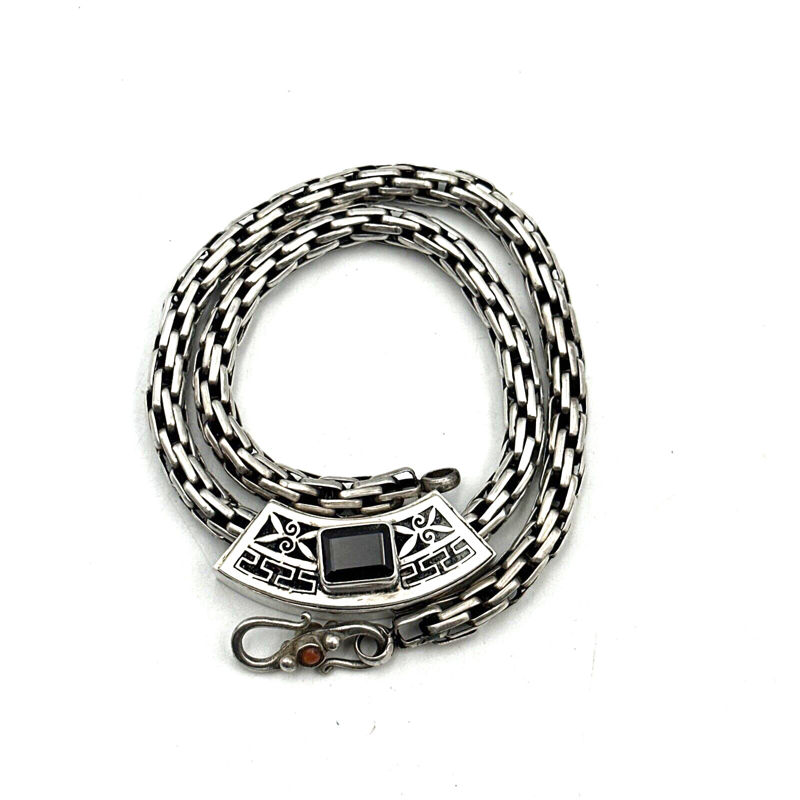 Sterling Necklace 15″ Box Chain Choker Sliding Garnet Silver Pendant 44g Artisan