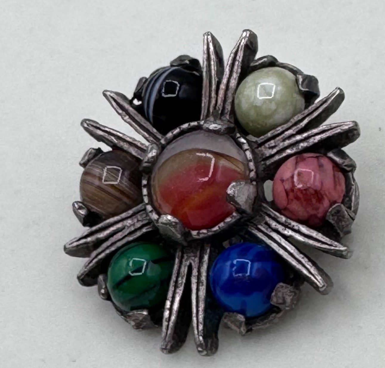 Vintage Miracle Scottish Celtic Pewter Agate Multi-Stone Starburst Brooch Pin