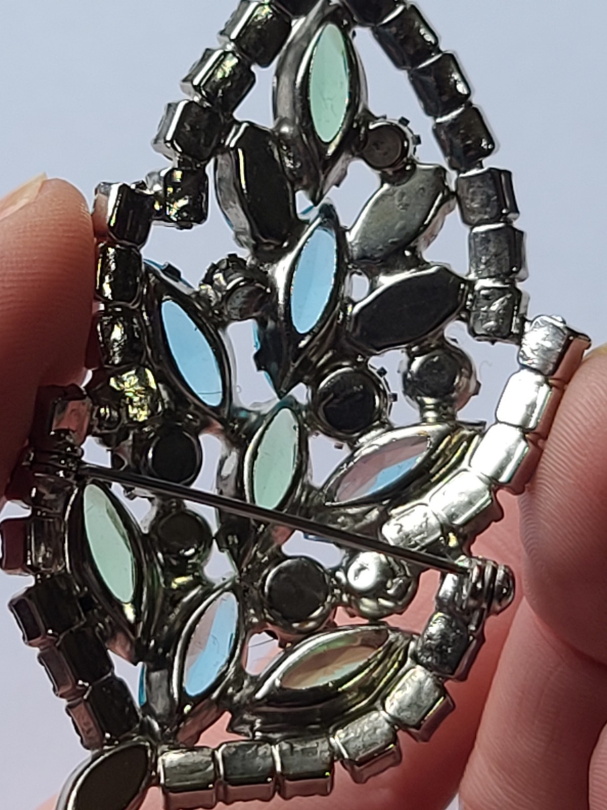 VTG MCM Aque Blue & Lime Green Rhinestone Leaf Brooch Pin (Some AB Finish)