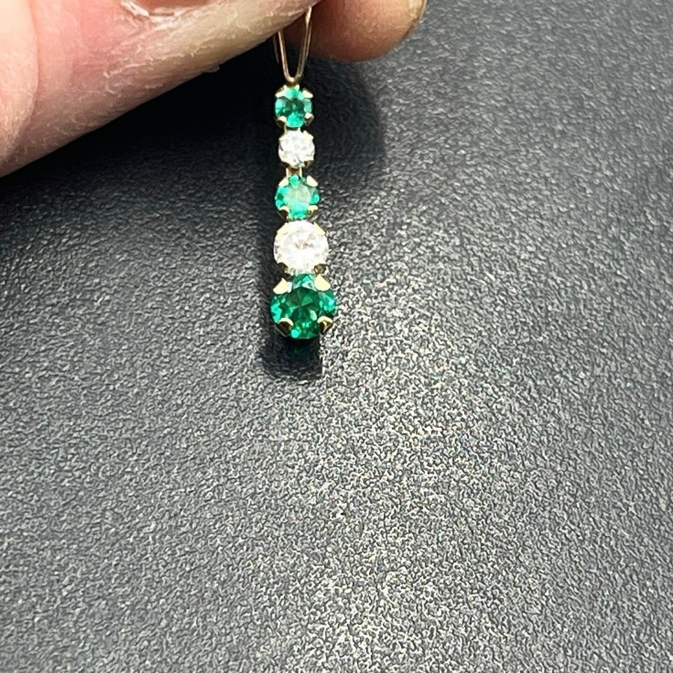 10k Yellow Gold Round Prong Set Emerald and CZ Linear Vertical May Pendant