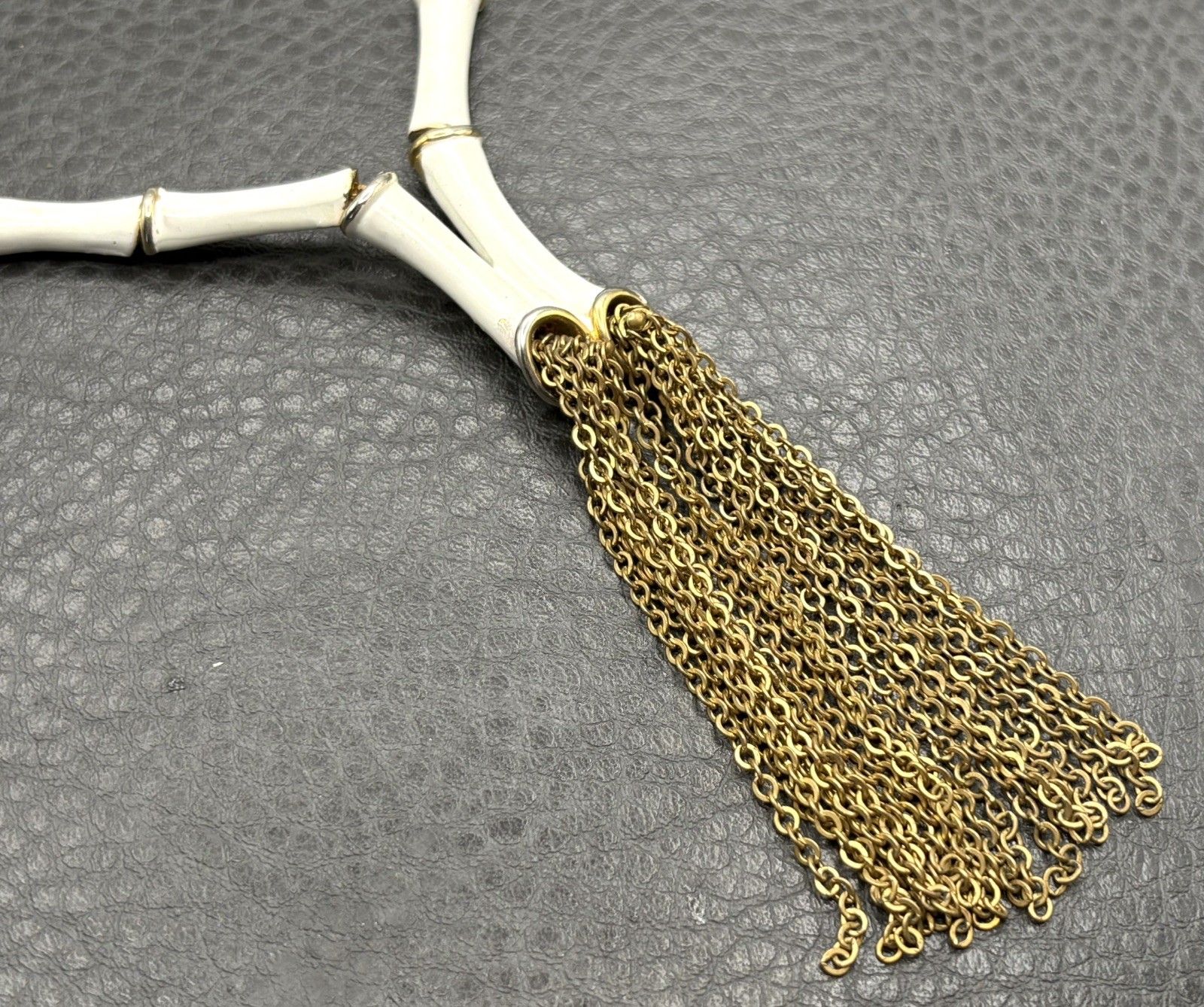 Vintage Unique Chain Tassel Bamboo White Enamel Fringe Drop Estate Necklace