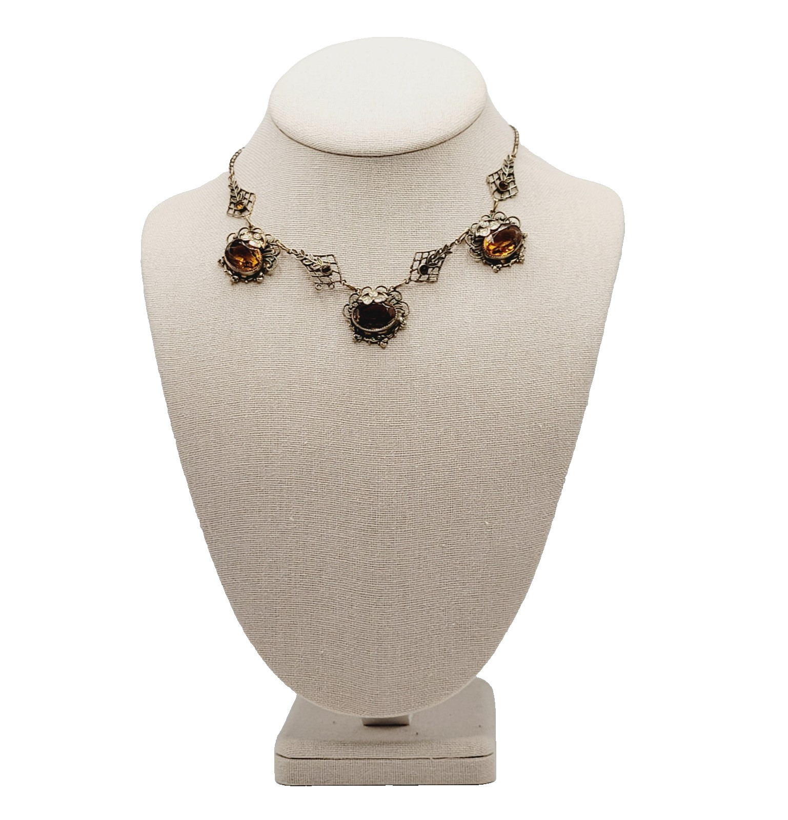 Czech Glass Art Nouveau Deco Flower Motif Brass Festoon Bib Amber Citrine 15 In