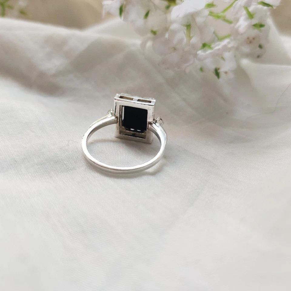 Antique Art Deco Vintage Black Onyx & Lab-Created Diamond Gift Ring 925 Silver