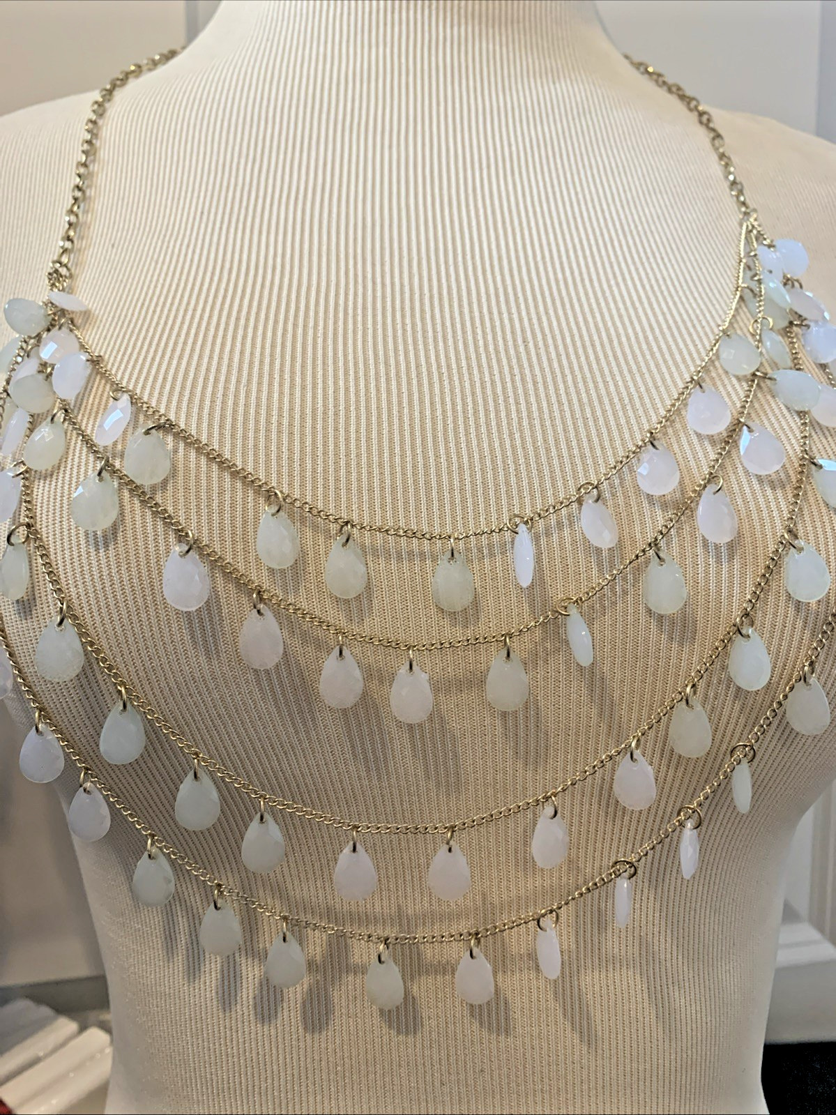 Gold Tone Faceted Teardrop Charms Layered Long Necklace Boho 36 Inches Vintage
