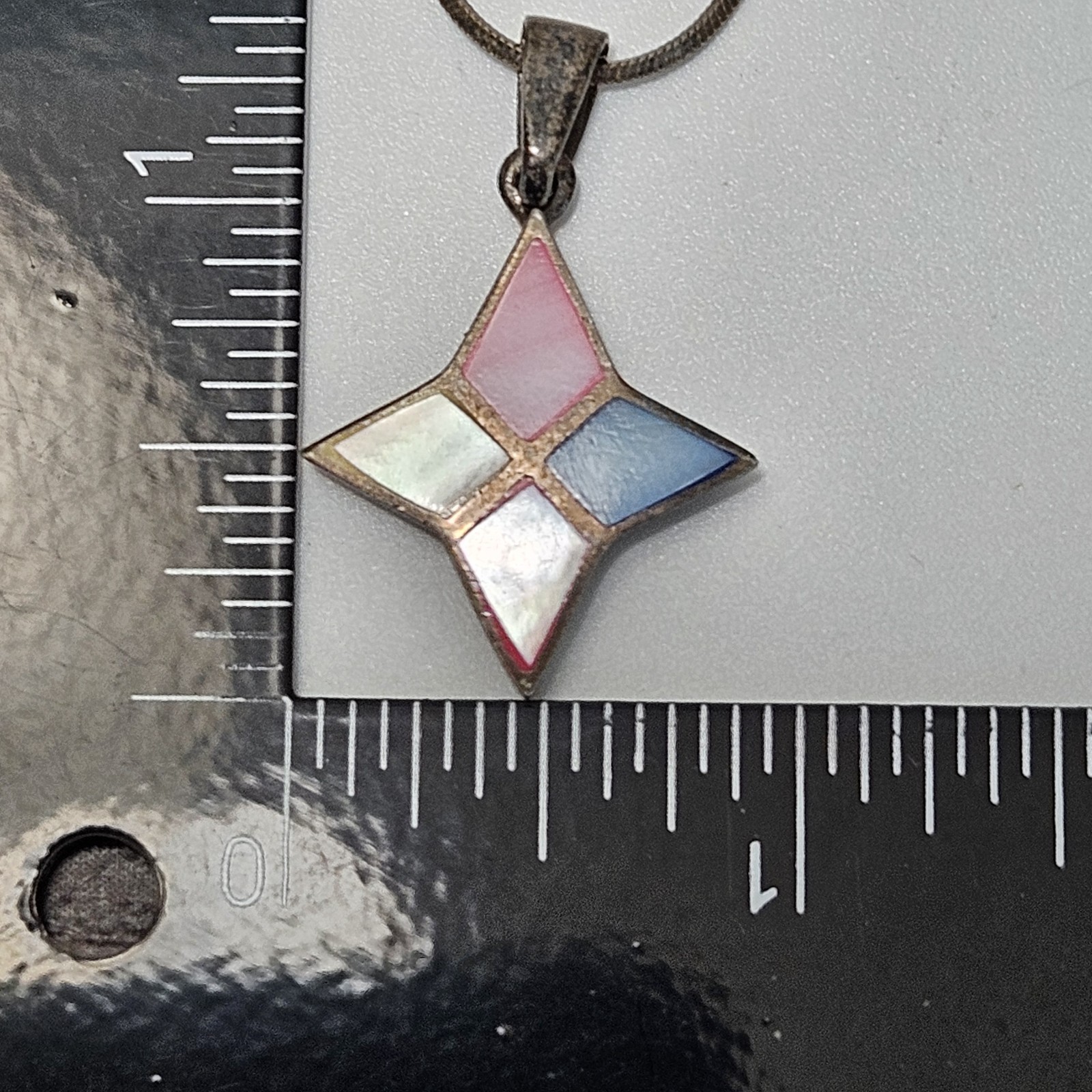 Vintage Sterling Silver Multi-Color Mother of Pearl Pendant Pastel Mosaic 19″