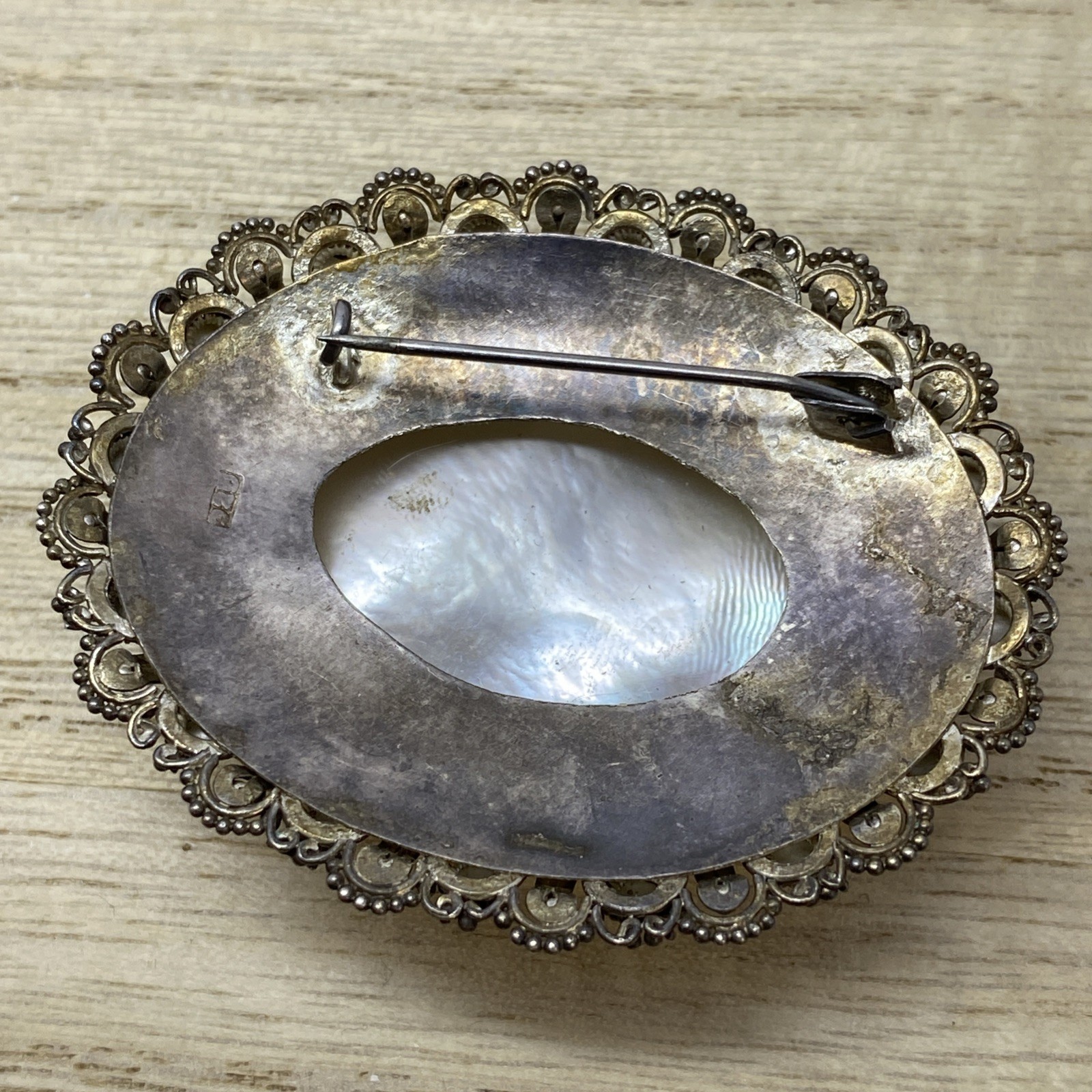 Large Mother Of Pearl Brooch Set In Sterling And Gold Filled Accents