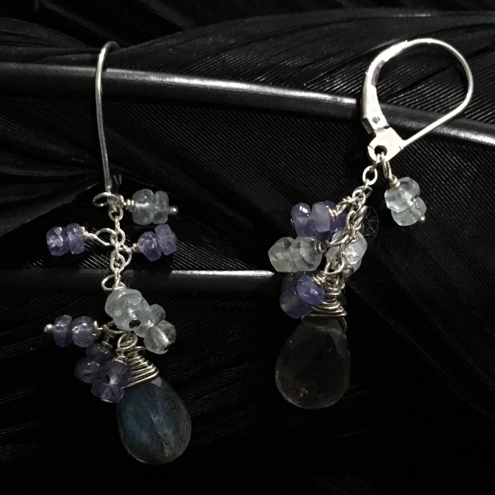 PRETTY ESTATE STERLING SILVER LABRADORITE & IOLITE DANGLE EARRINGS 1 13/16” LONG