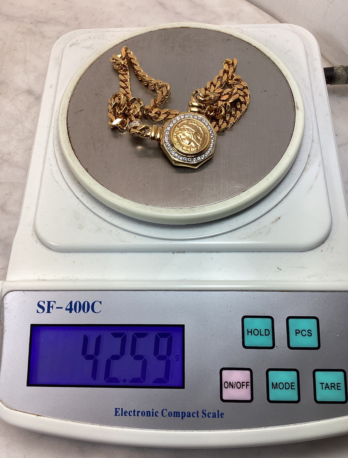 Vintage Gold Tone Roman Coin Rhinestone Pendant Curb Link Chain Necklace
