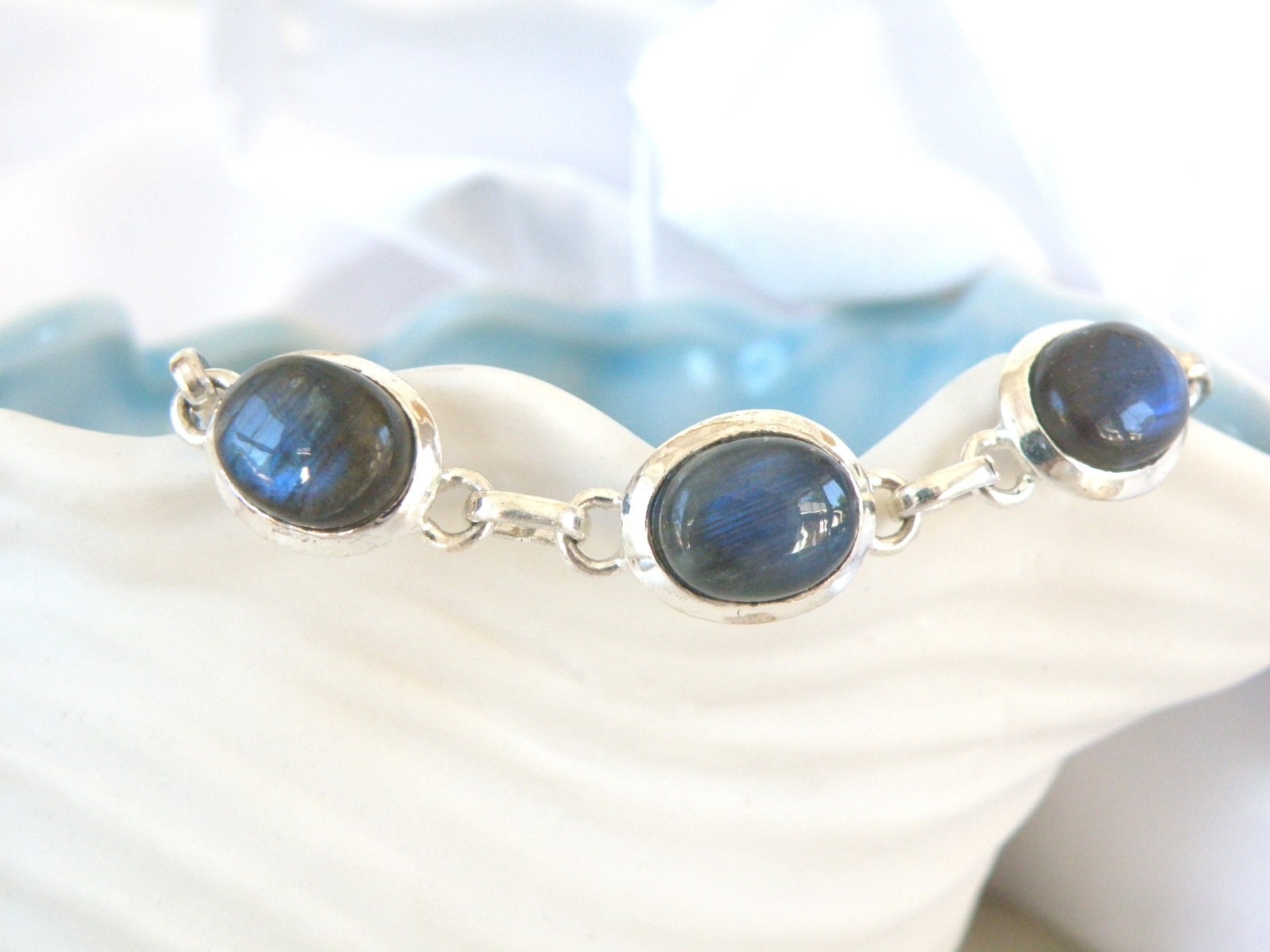 Vintage Sterling Silver 925 Labradorite Tennis Link Adjustable Station Bracelet