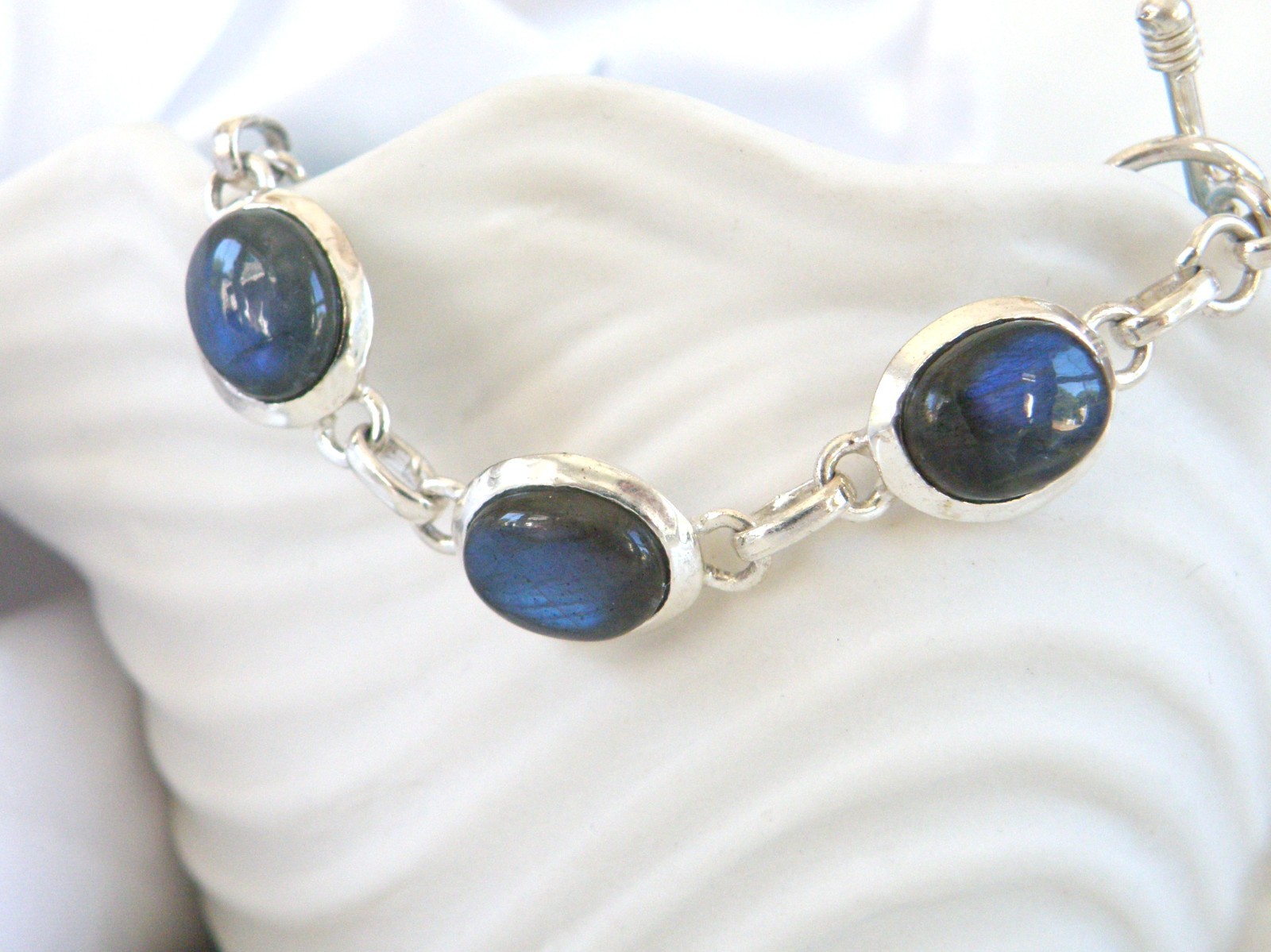Vintage Sterling Silver 925 Labradorite Tennis Link Adjustable Station Bracelet