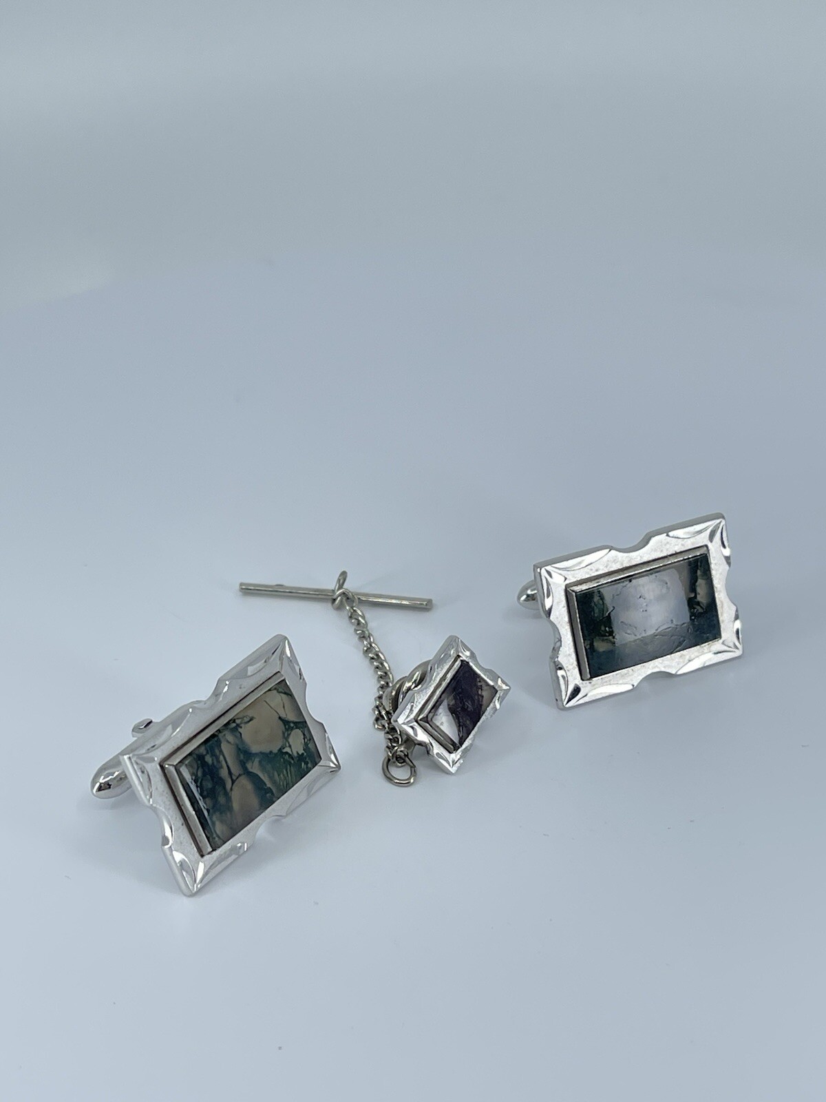 Swank Cufflink and Tie Tack set Jadeite rectangle silver tone 3/4″