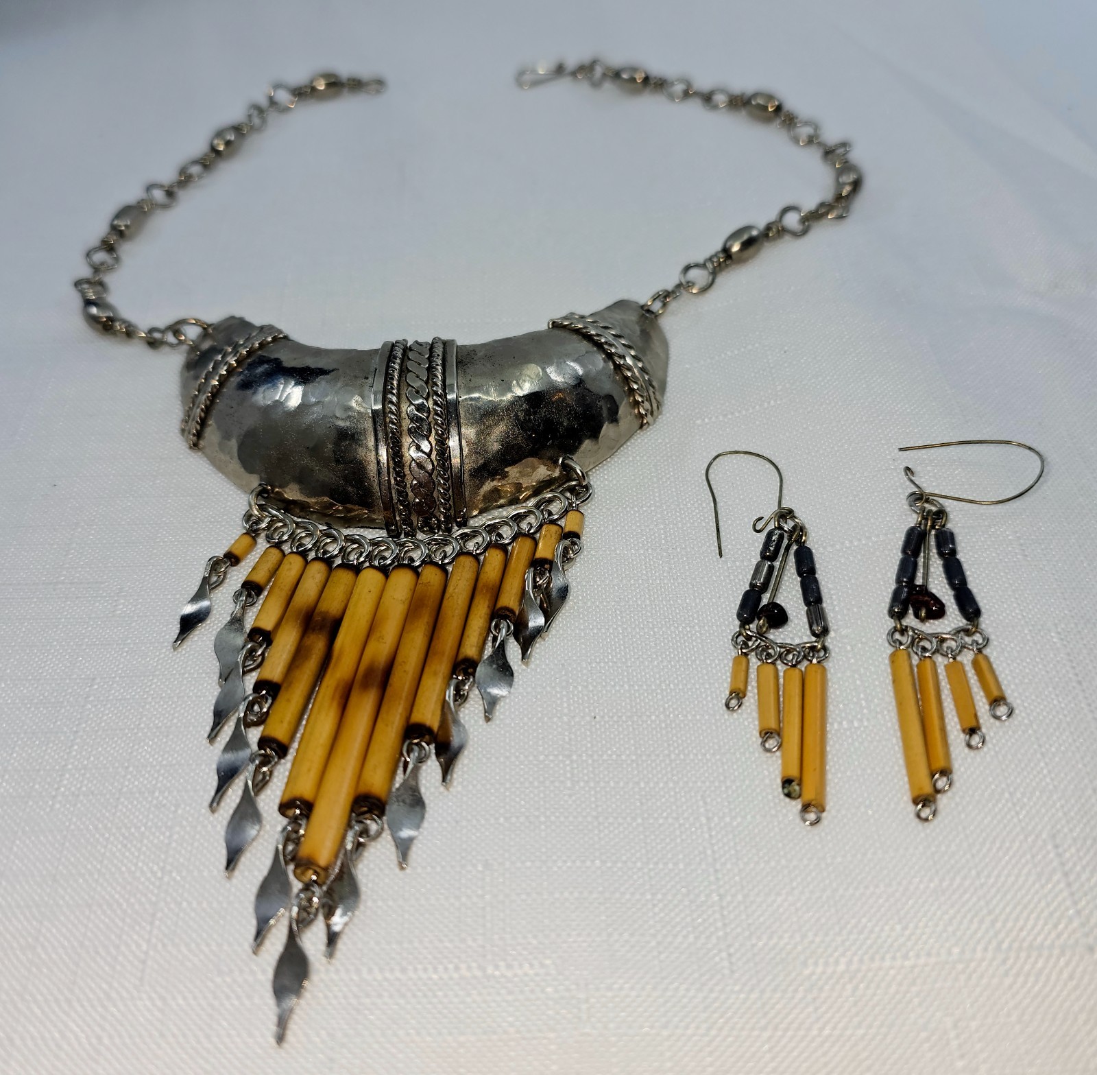 Vintage Peruvian Bamboo Tassel with Brown Stone Necklace & Earrings Set / Boho