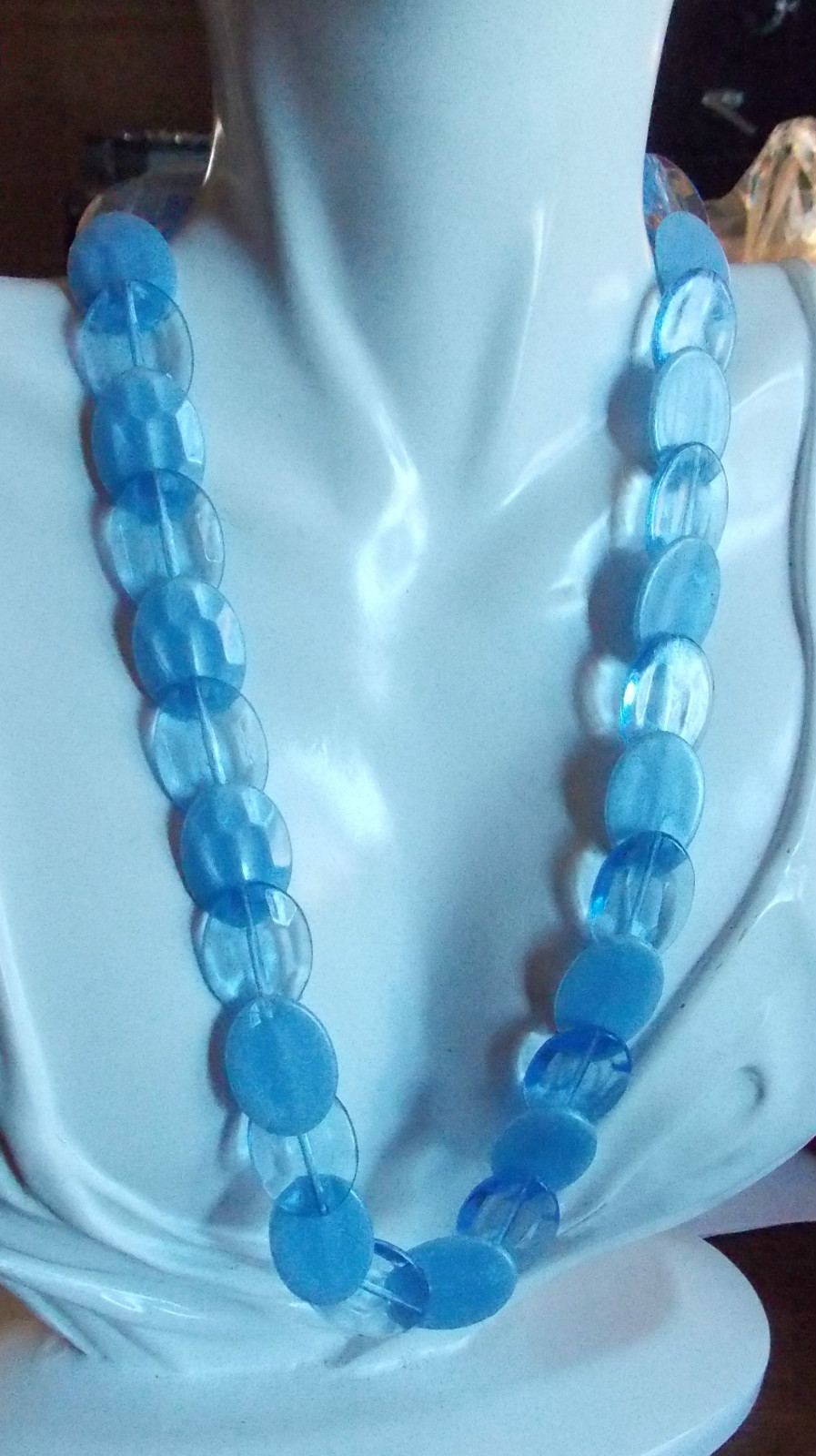 Vintage Lucite Plastic Lozenge Blue Translucent Opaque Silver Necklace 1A 2