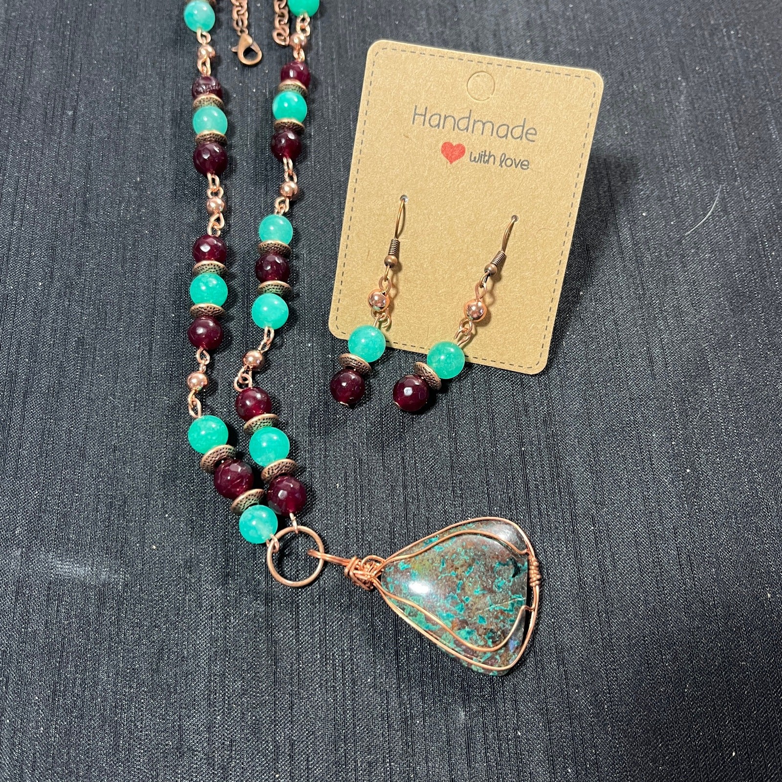 Chrysocolla Triangle 1 1/4″ Cabochon Copper Wrapped Carnelian Agate Necklace 20″