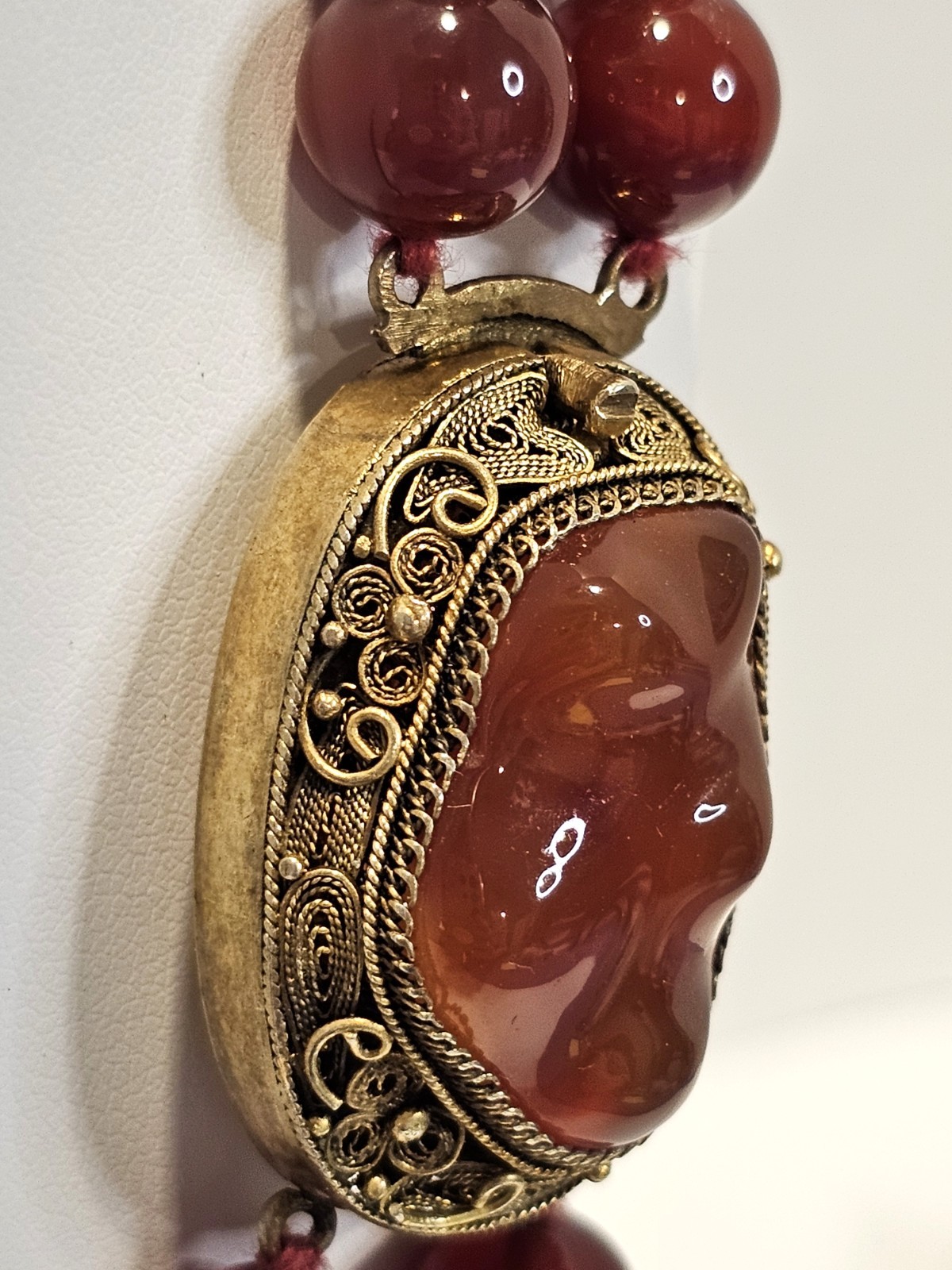 Vintage Carnelian bead necklace sterling gold wash filigree clasp