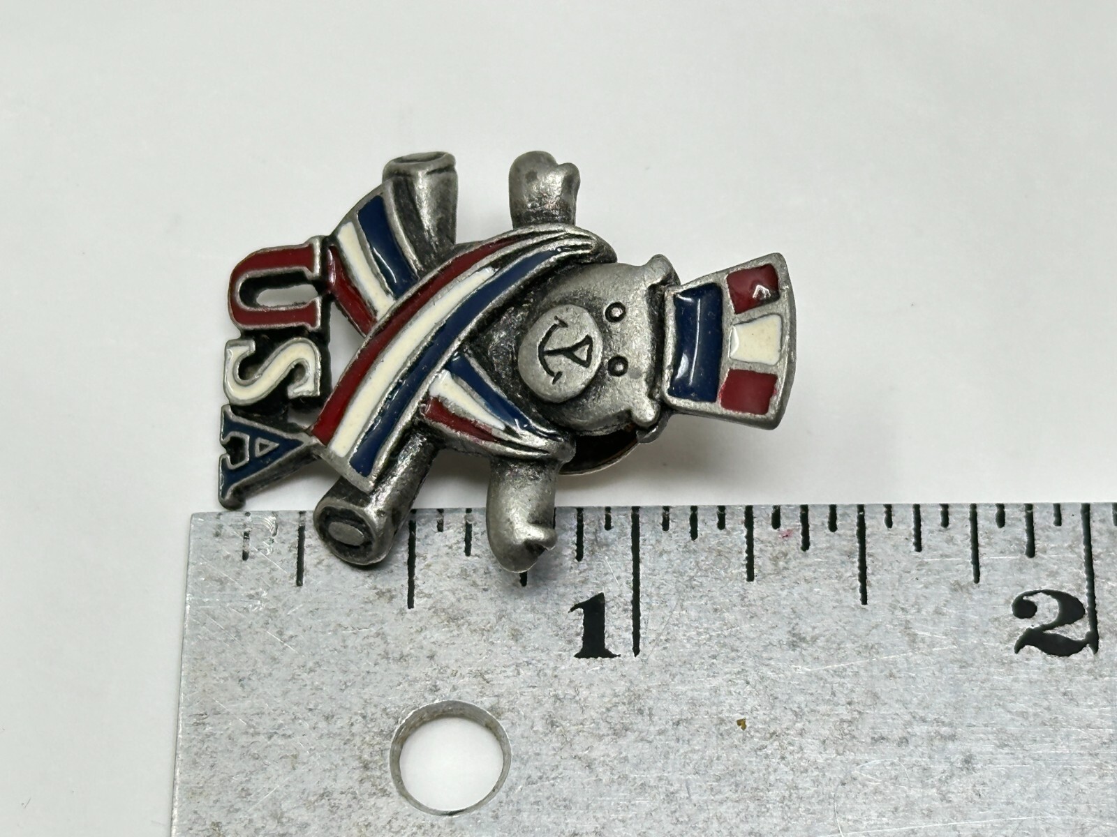 Vintage Ballet Pewter Red White Blue Enamel Patriotic USA Teddy Bear Lapel Pin