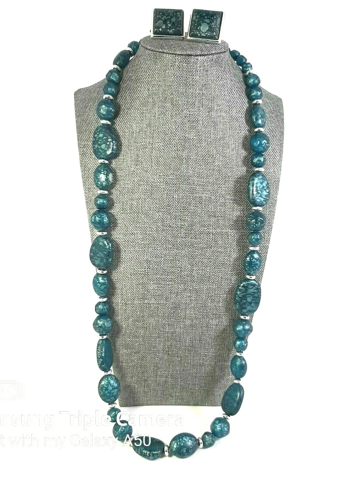 Vintage Marbled Aqua Blue Bead Long Necklace and Matching Clip On Earrings Set