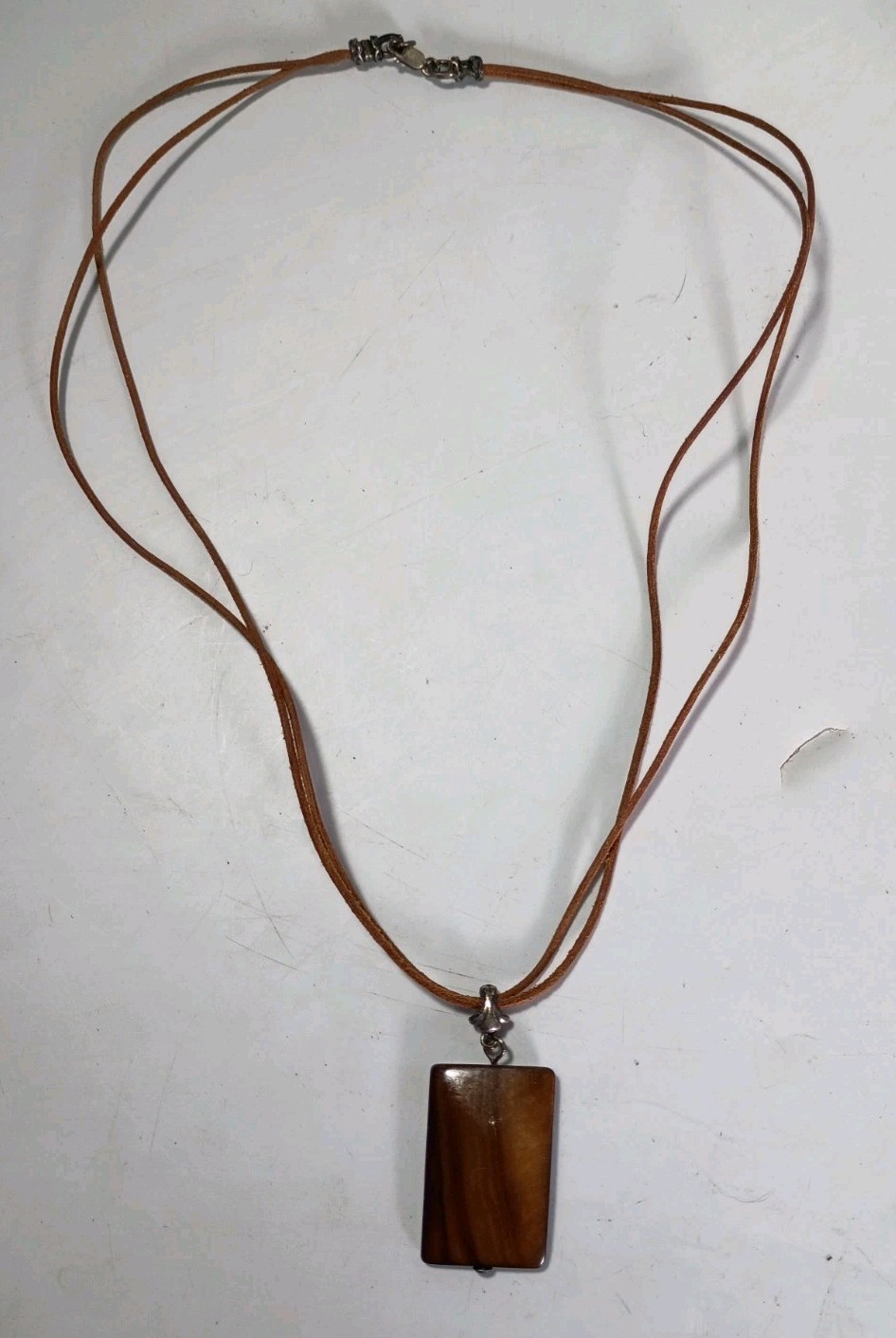 Rectangle Tiger Eye Brown Shell Penadant Necklace Brown Leather Cord 925 Silver