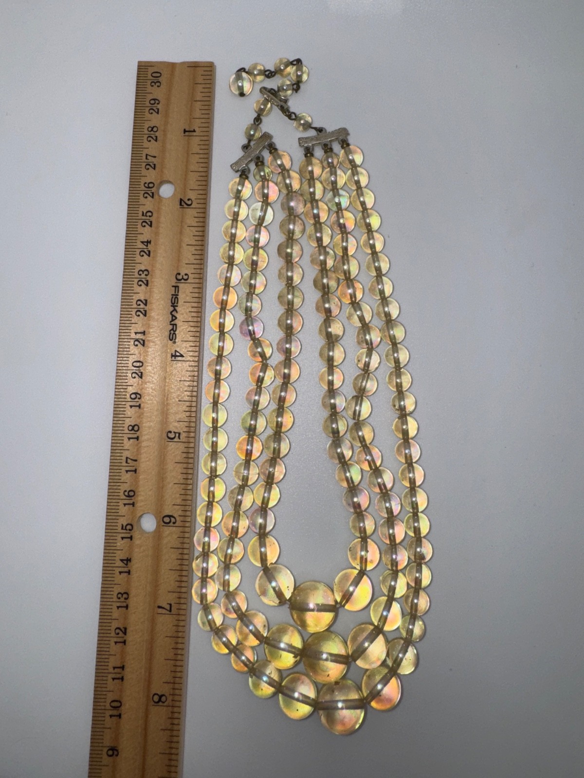 Vintage Iridescent Clear Beaded Necklace 3 Strand Layered Adjustable 11″-14″