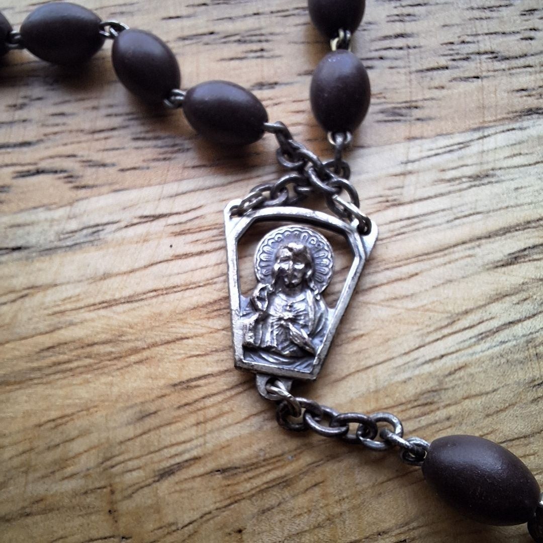 Vintage Italy Rosary Necklace Religious Wood Beads Silver Tone Pendant