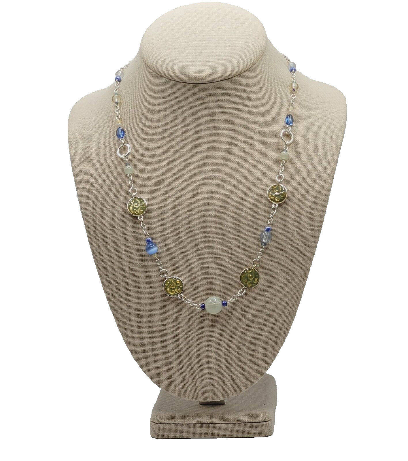 Blue & White Moonstone with Glass & Enamel Silver Tone Chain Necklace KR 24 Inch