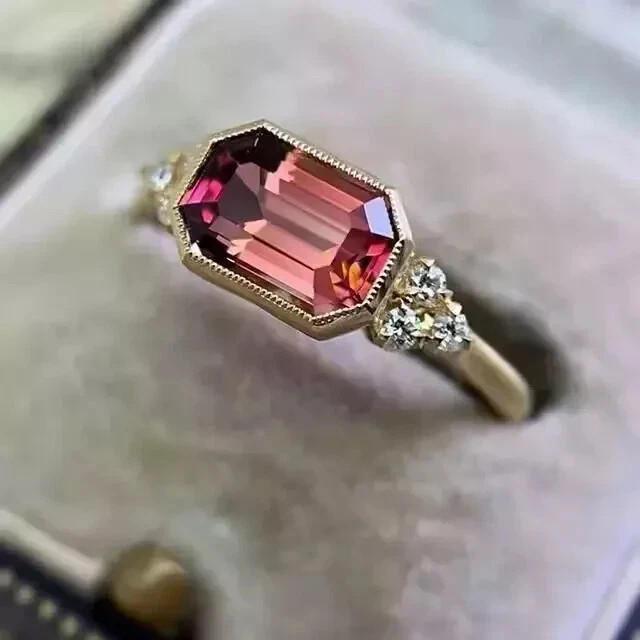 2CT Emerald Cut Lab-Created Pink Tourmaline Vintage Ring 14K Yellow Gold Finish