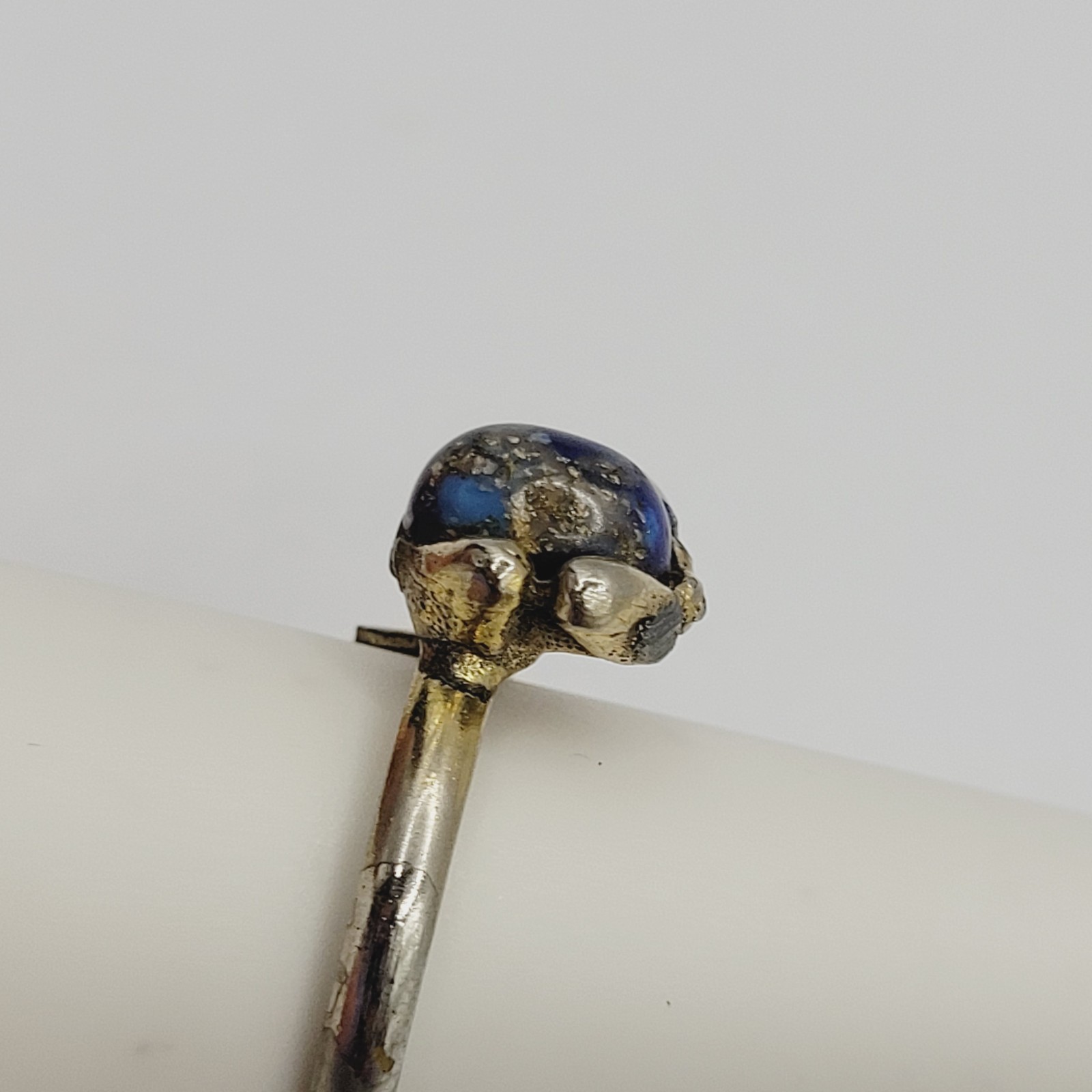 Antique Lapis Lazuli Small Domed Stone w Specks Ring Adjustable Worn Distressed