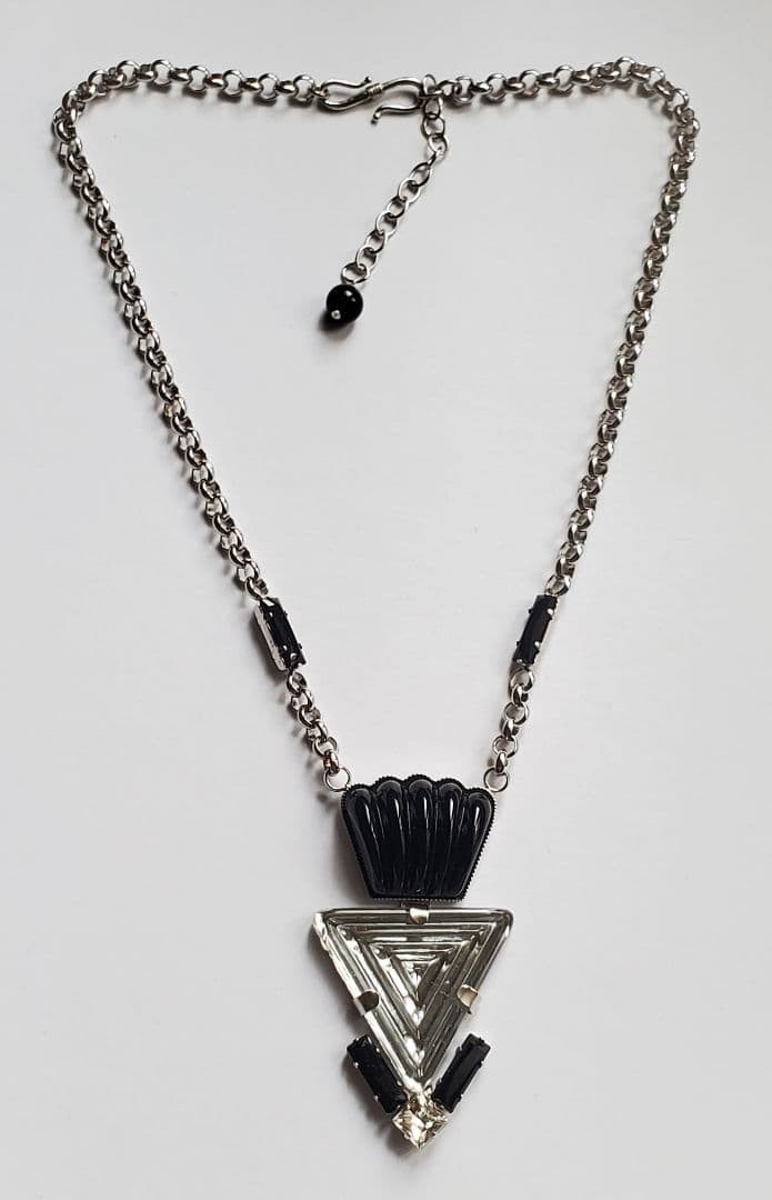 Philippe Ferrandis Necklace Pendant Art Deco Triangle Clear Black H-45cm