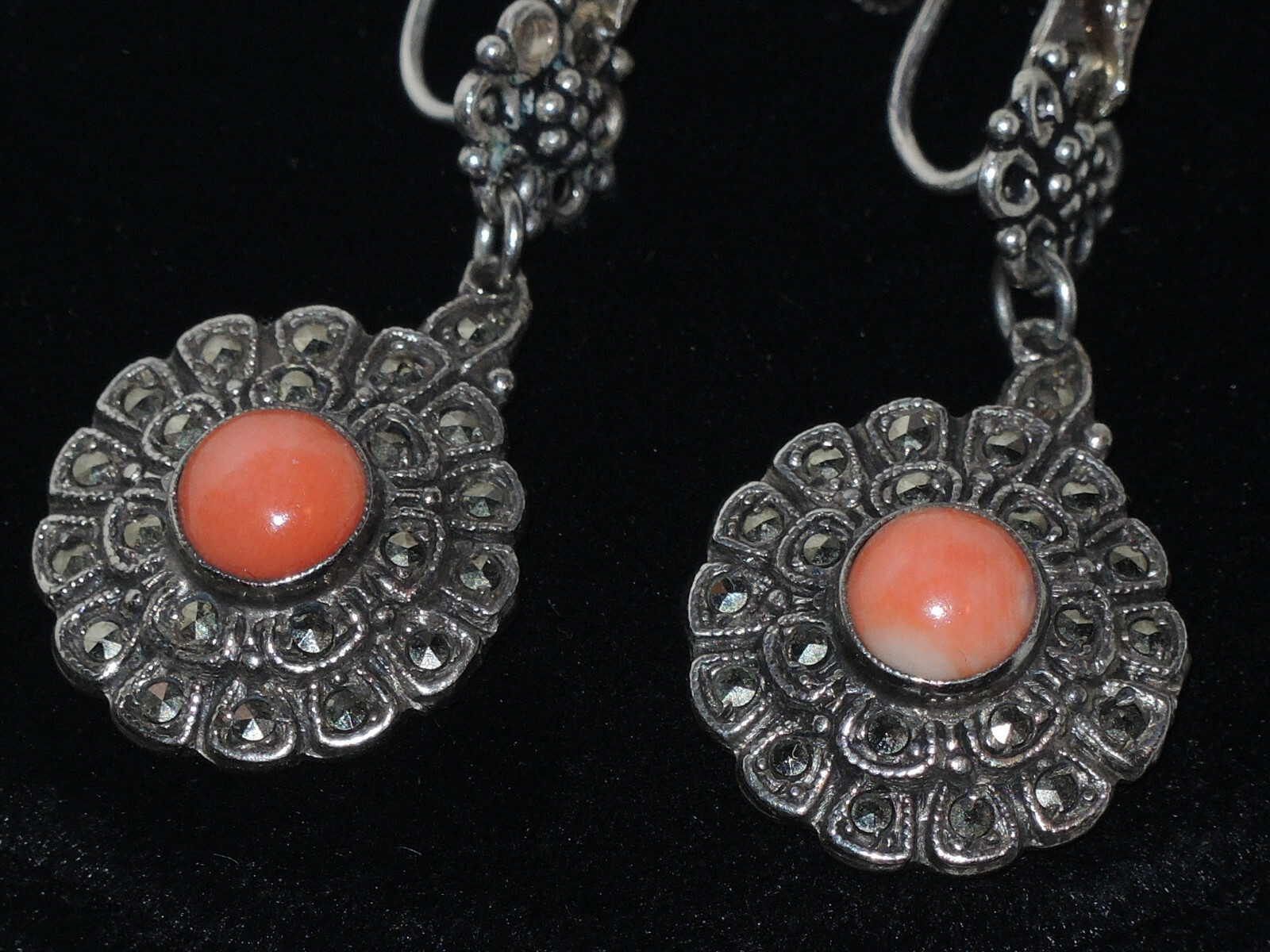 Art Deco Set Sterling Silver Germany Pendant & Earrings with Coral & Marcasites