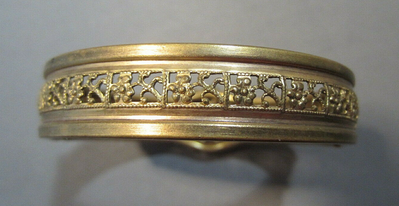 Vtg Gold Plated Filigree Bangle Bracelet w/ Red Stones & Original Box Small Size