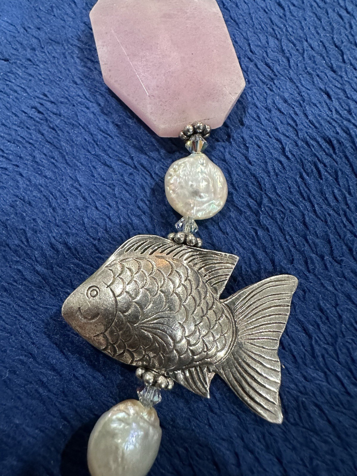 Sterling Silver 925 Rose Quartz MOP Starfish Fish Chunky Necklace, 17.5in Long