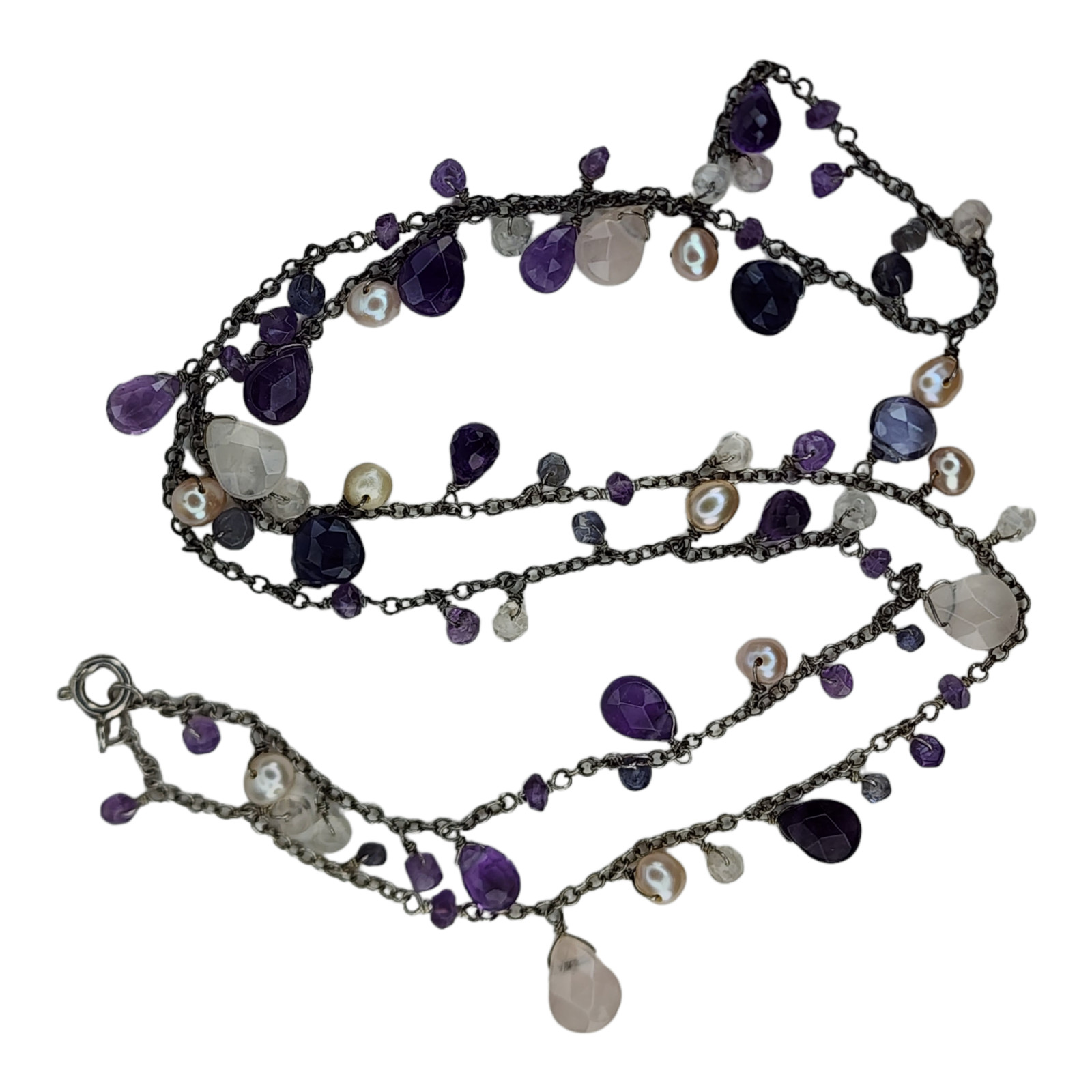 Sterling Silver 925 Necklace Faceted Amethyst Clear Quartz Pearl Beaded Dangle
