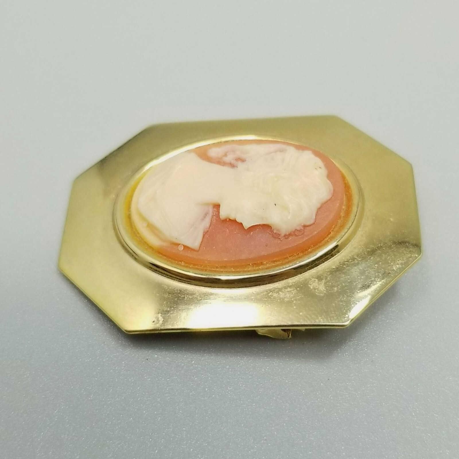 Vintage Cameo Brooch Pendant Gold Tone Frame Orange Cream Color Portrait