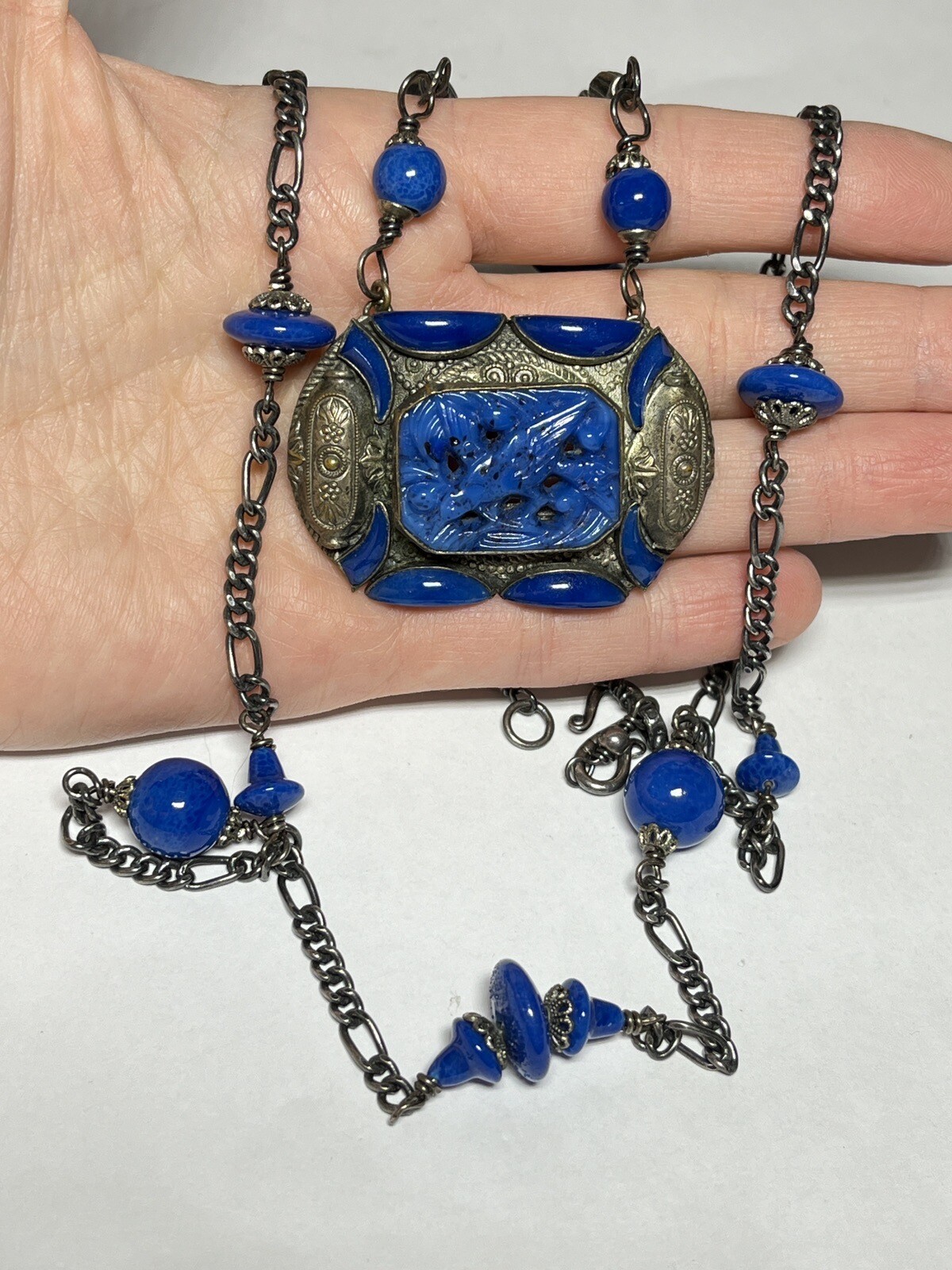 Deco Egyptian Revival Cech Style Stone Bead Blue Station Pendant Necklace RR1520