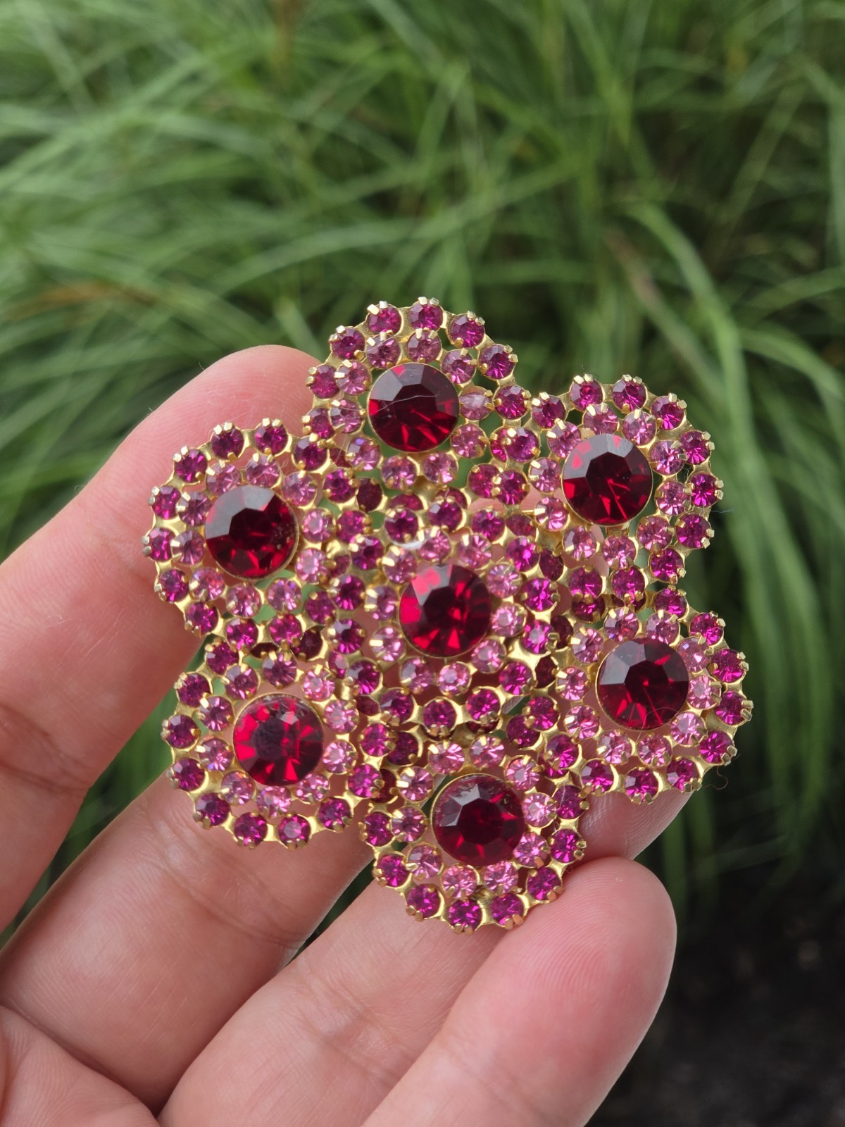 Vintage Mid Century Fuchsia Ruby Red Rhinestone Cluster Flower Brooch Floral