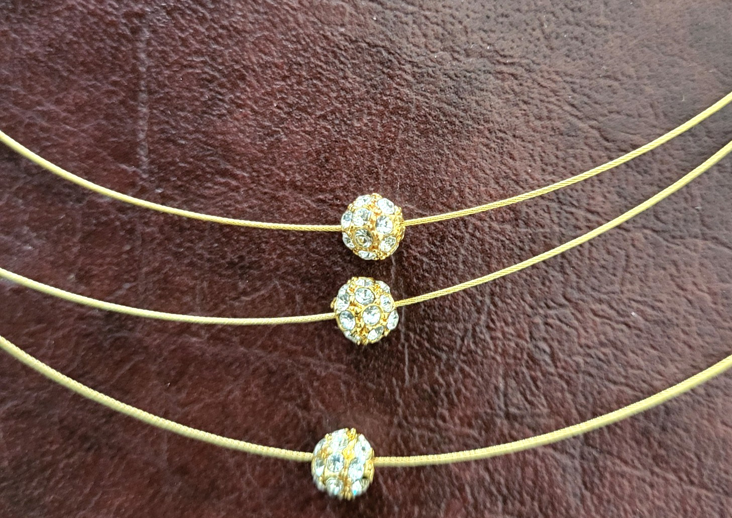 MONET Necklace ~ gold tone 3 strand layered necklace with crystal beads ~ 16″ L