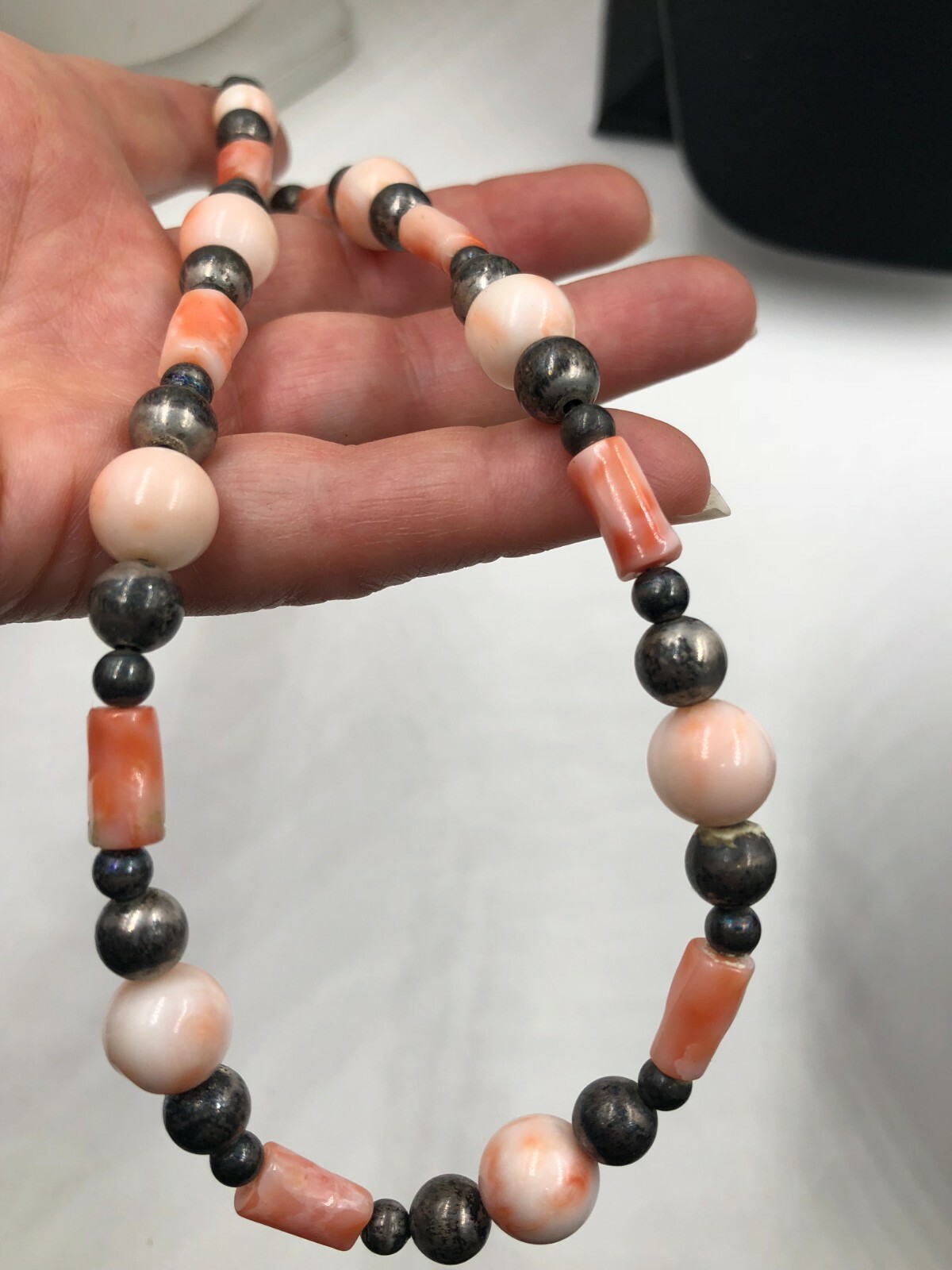 VINTAGE ANTIQUE GENUINE NATURAL SALMON CORAL STERLING SILVER SIGNED NECKLACE