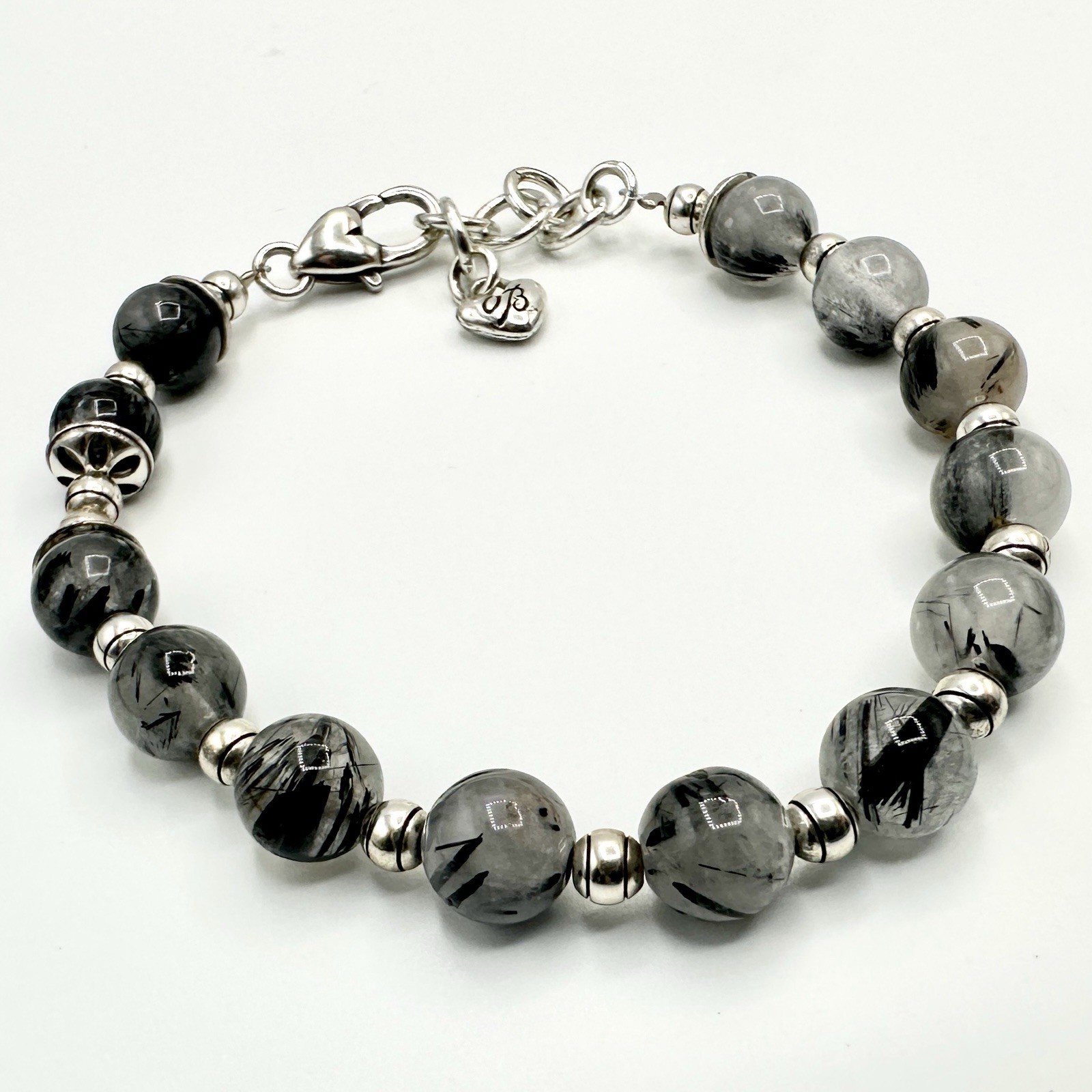 Vintage BRIGHTON Black Rutilated Quartz Beaded Bracelet Gray Marbled Silver Tone