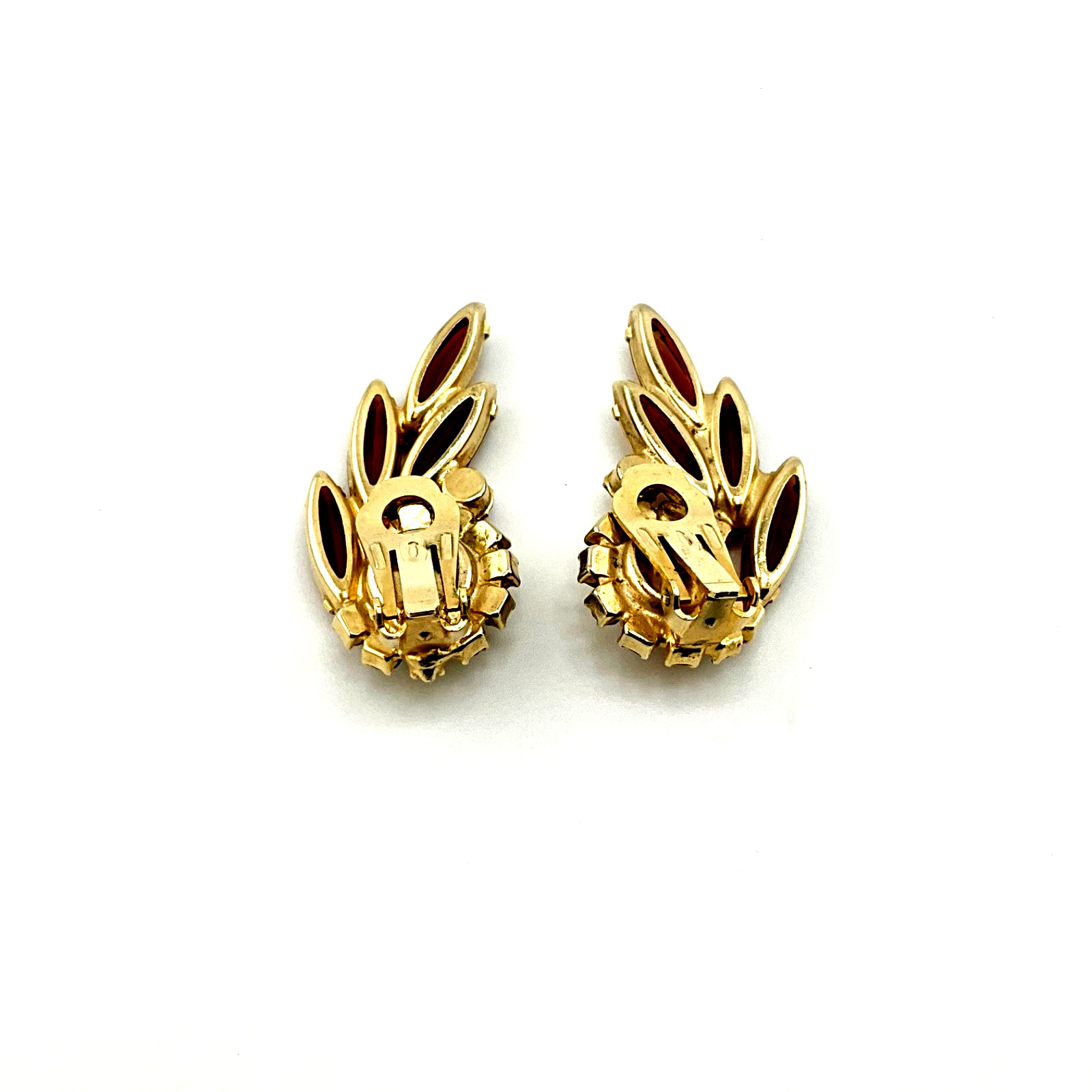 Vintage Mid Century Modern Crystal Clip Earrings Amber Navette Aurora Borealis