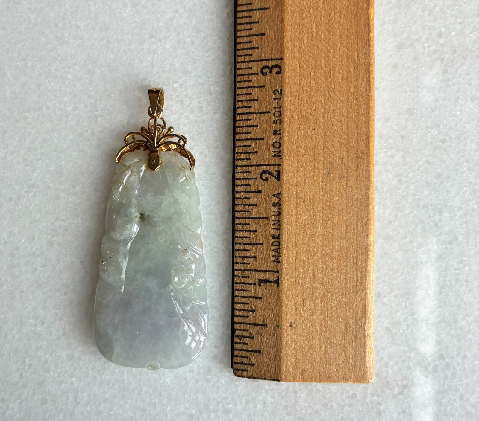 VTG Large Carved Jade Jadeite Pendant 14K 585 Gold Fancy Mount & Bail~ 2 3/4″