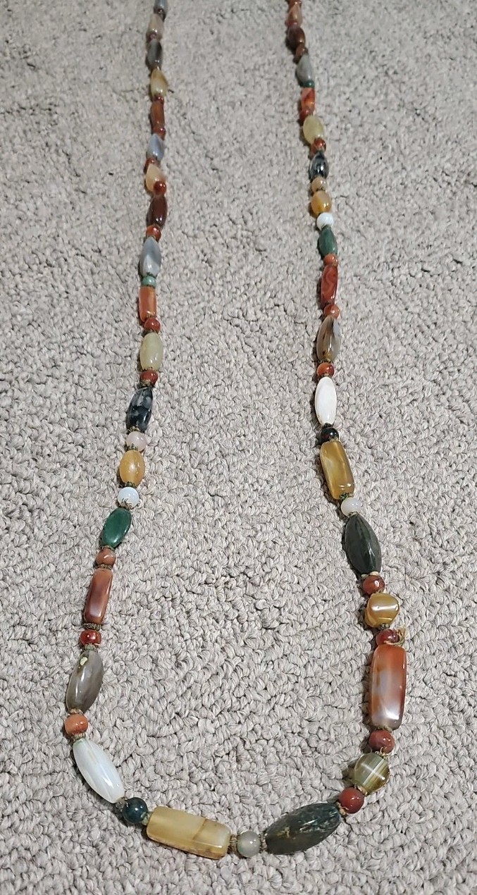 VTG Beggar Bead Genuine Stone Hand Knotted 60″ Necklace Agate Jade Carnelian