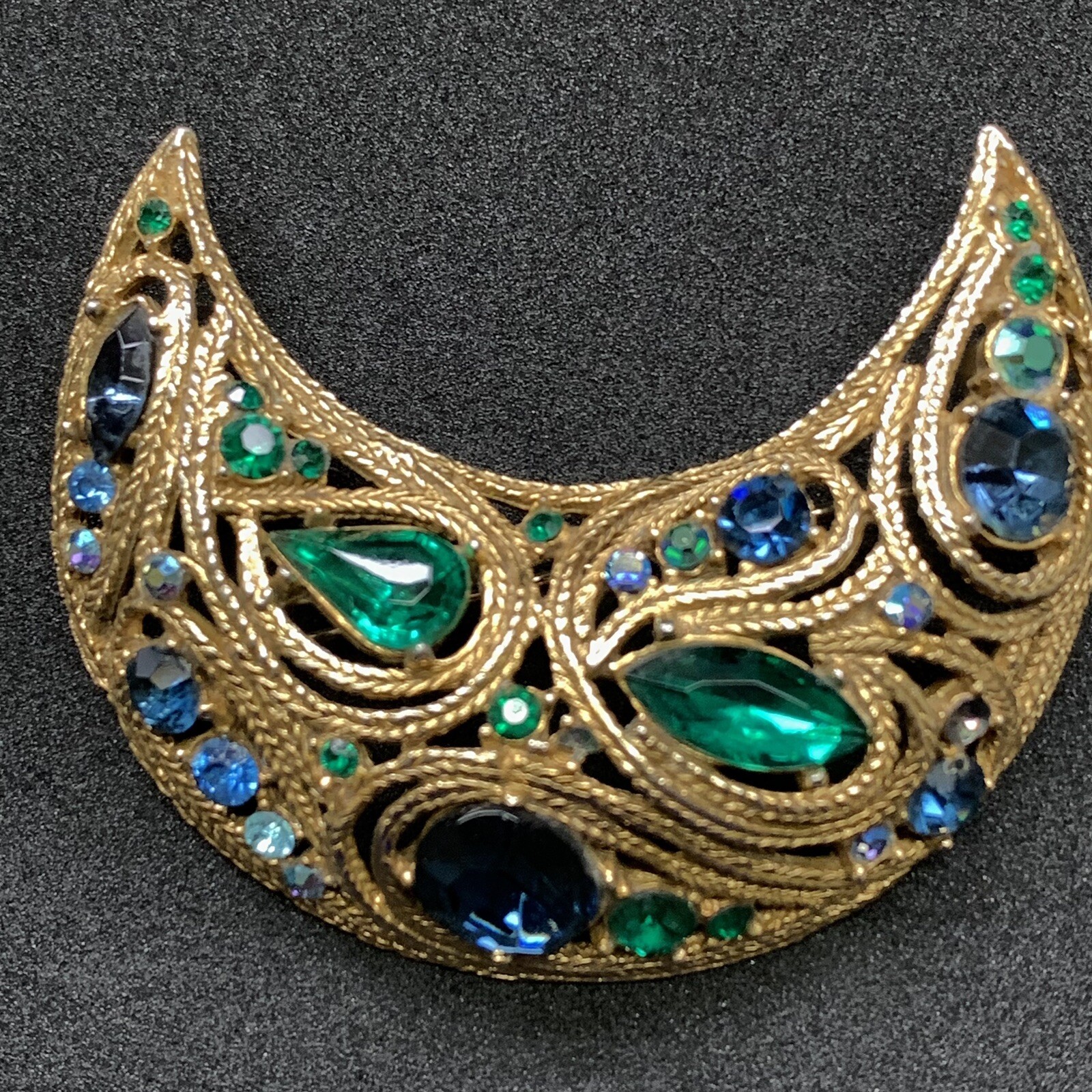 Vintage La Roco Filigree CRESCENT Brooch Jeweled 1950’s Made in USA