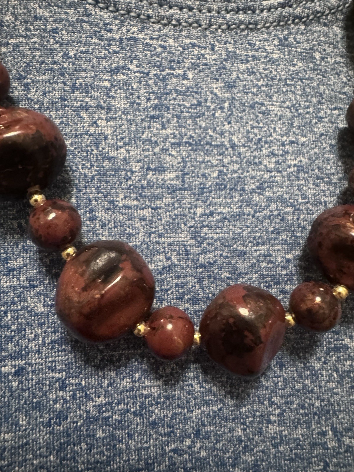 VTG 1970s Studio Pottery Ceramic Bead Necklace Chunky Glazed Oxblood Boho Wood