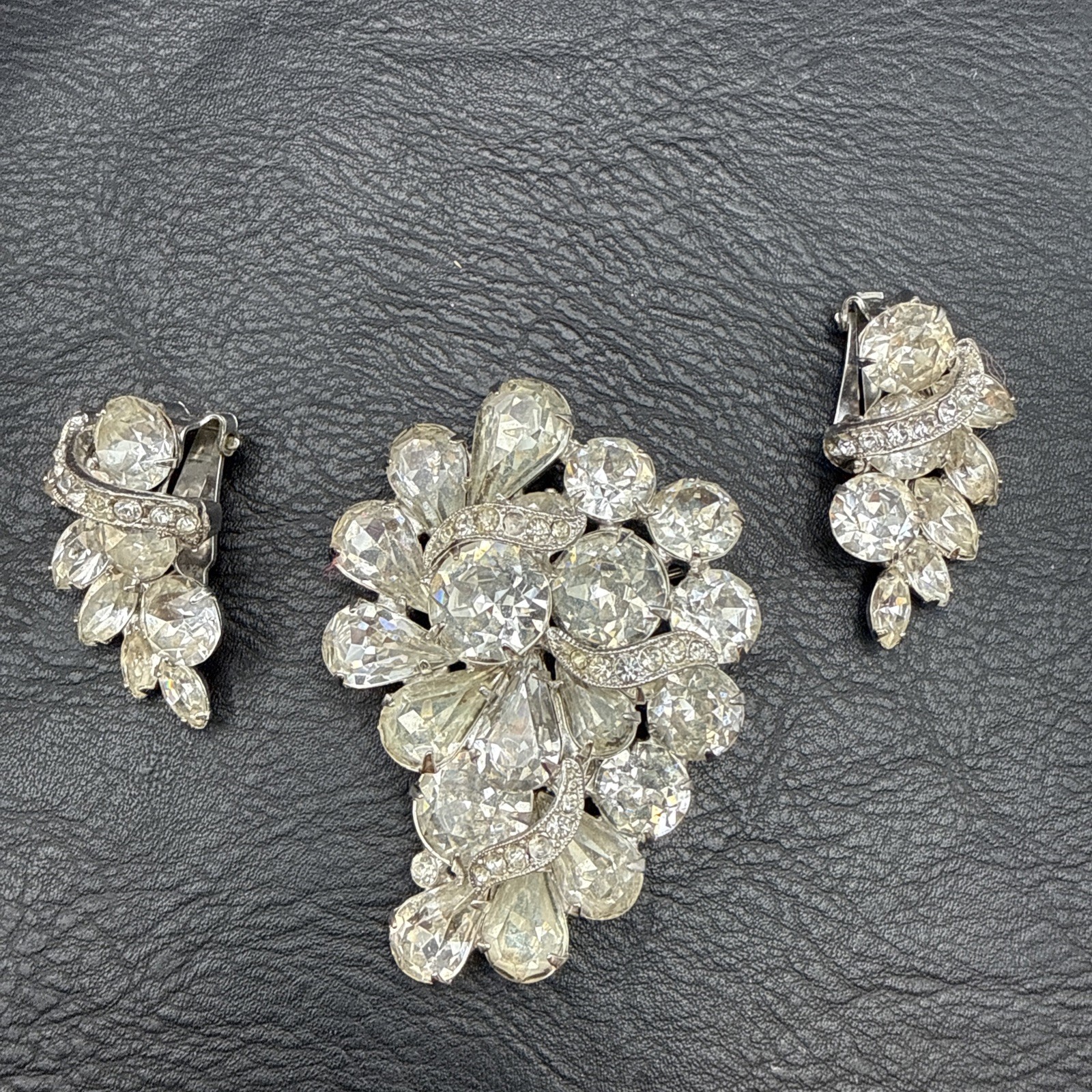Vintage Eisenberg Ice Rhinestone Brooch and Clip On Earrings Set Signed