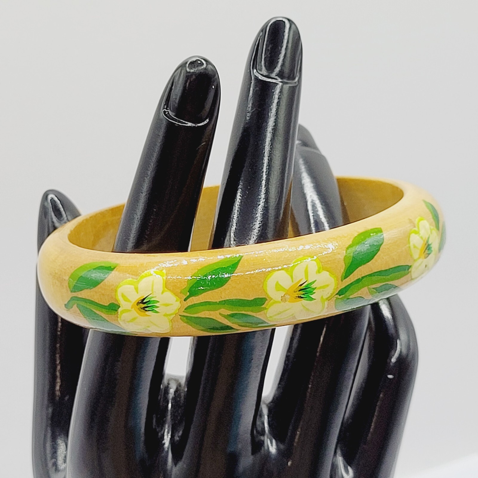 Wood Bangle Hand Painted Cream Flowers Green Leaves Lacquered Bangle Bracelet