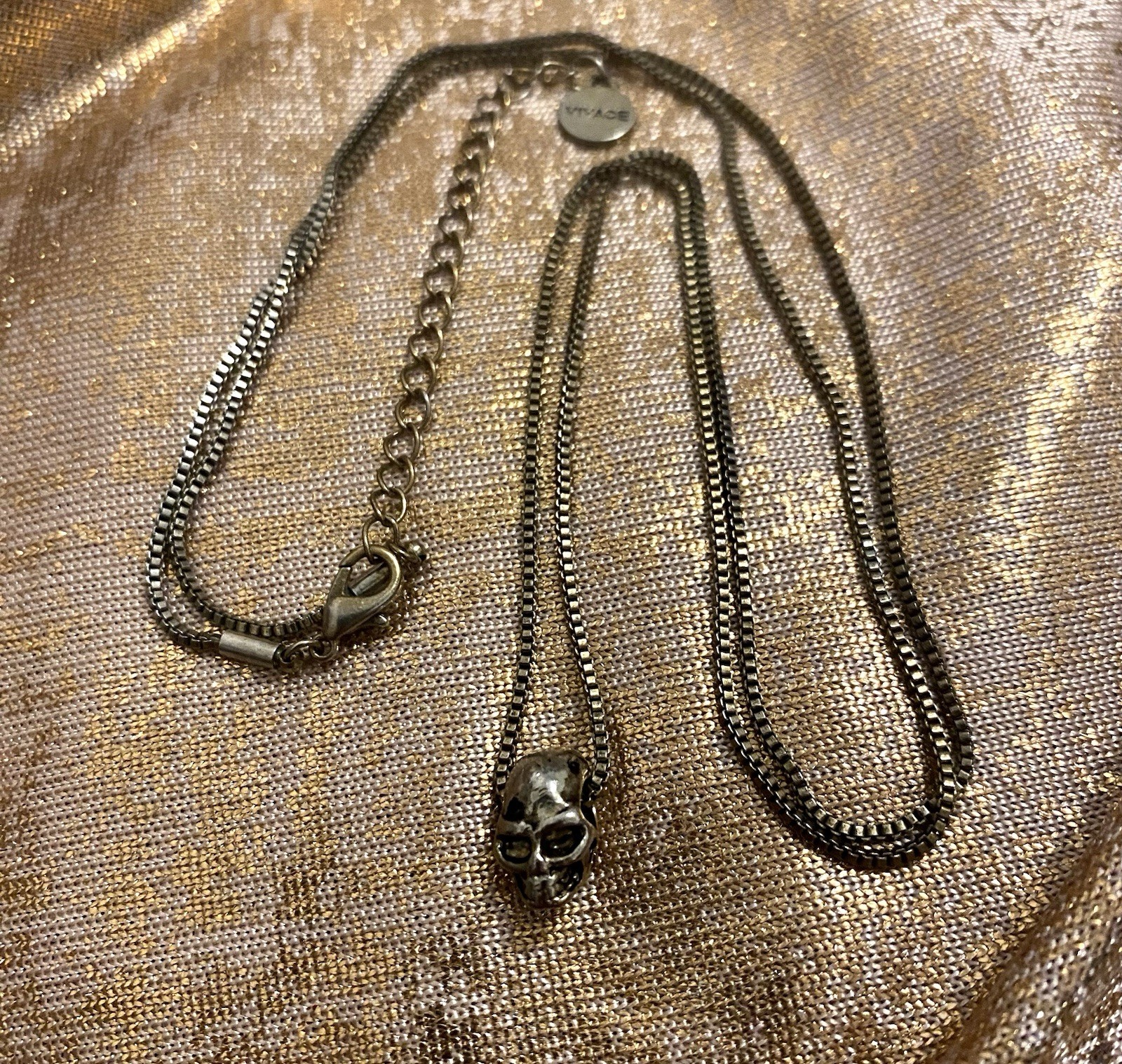Vintage Vivace Skull Charm Necklace 32.5-35.5” Silver Tone Goth Designer Jewelry