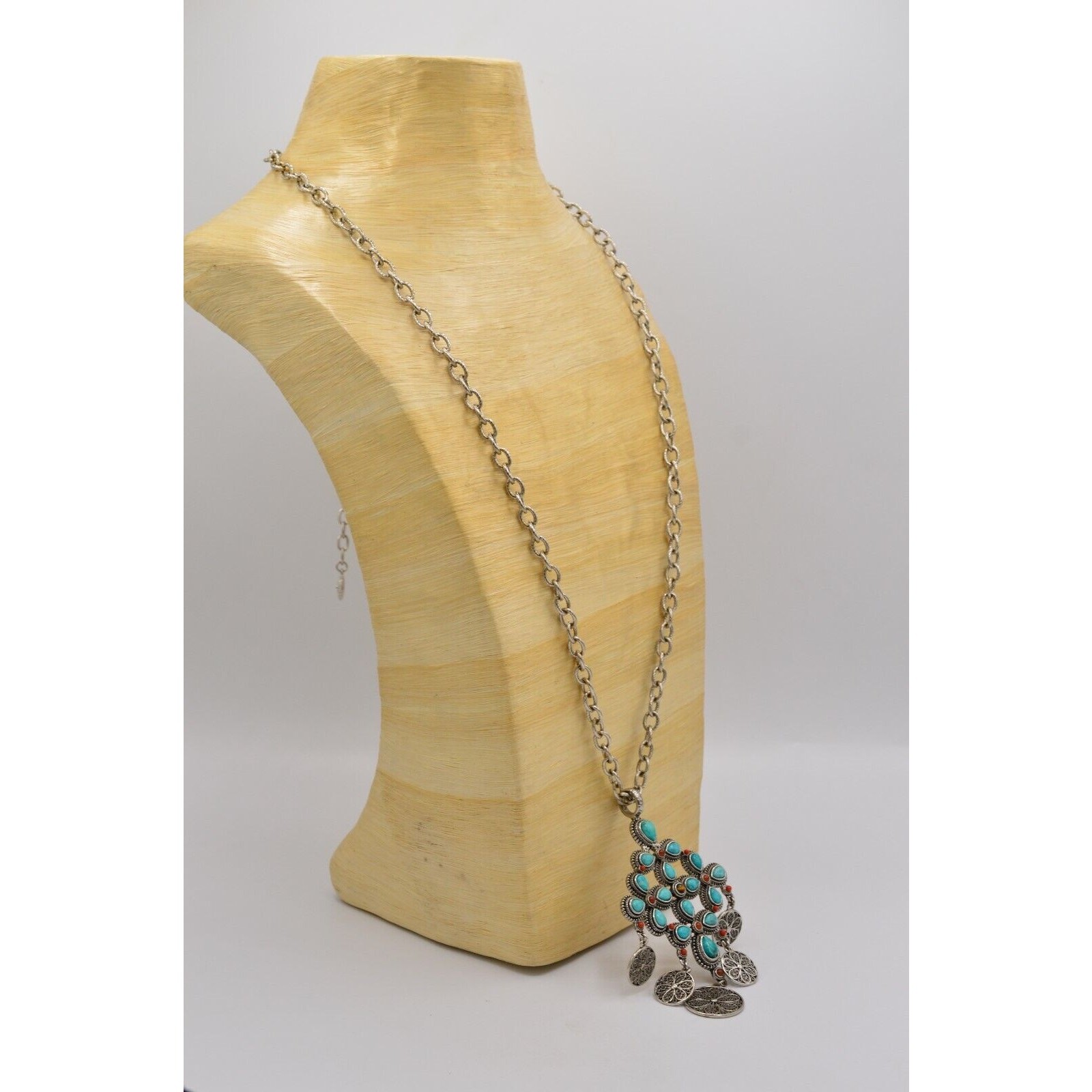 Graziano Vintage Turquoise Cabochon Coin Pendant Necklace South Western 1990s 9J