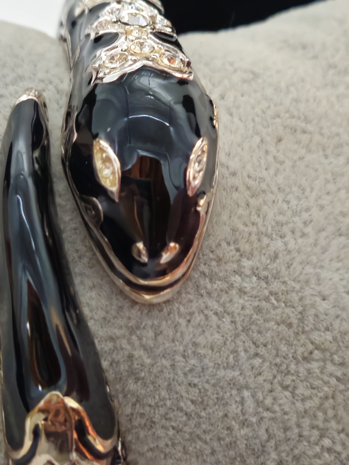 Estate Vintage Silver Finish Snake Clamper Bracelet With Black Enamel