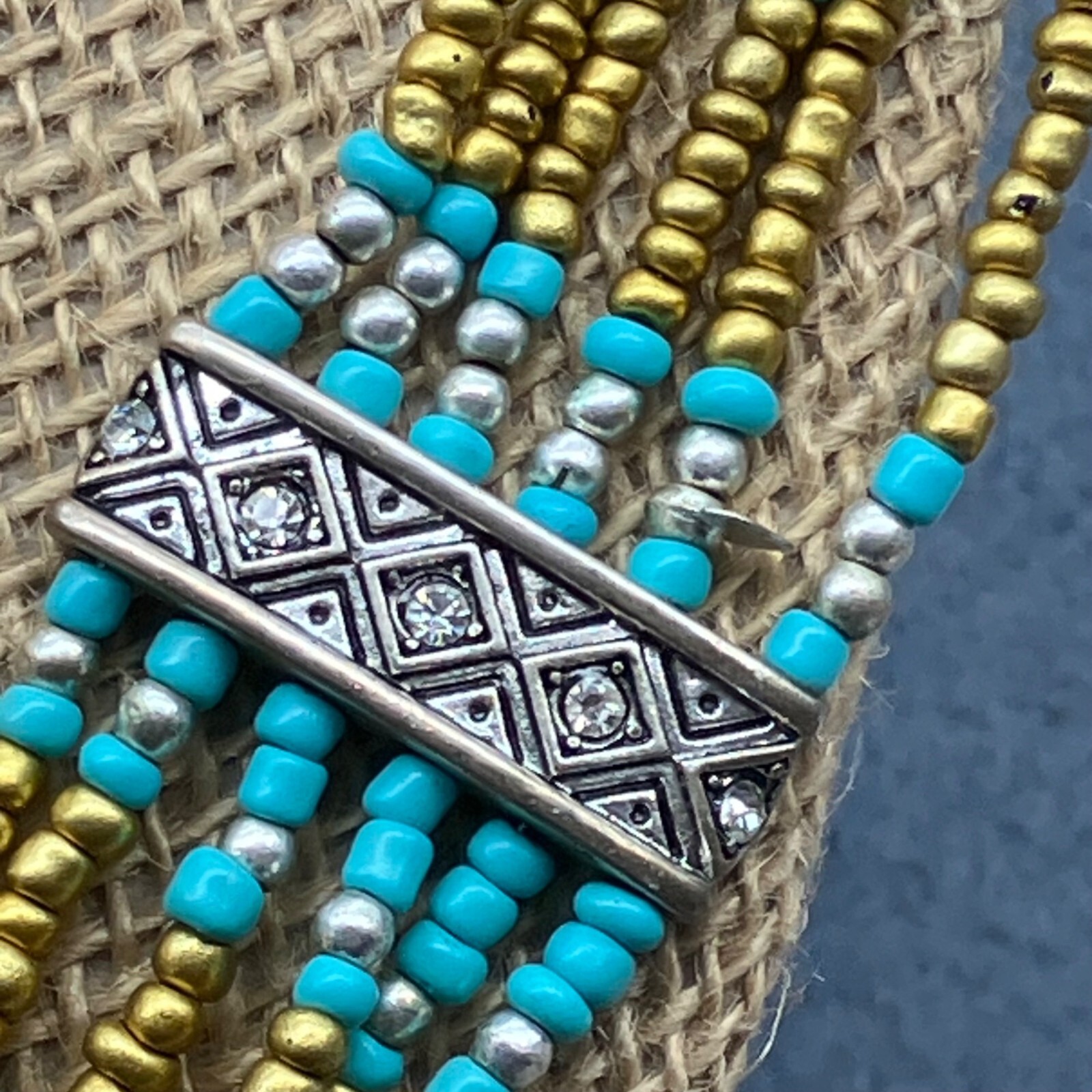 Bohemian Multi-Strand Necklace 19 In Tribal Rhinestone Turquoise Beaded Chain